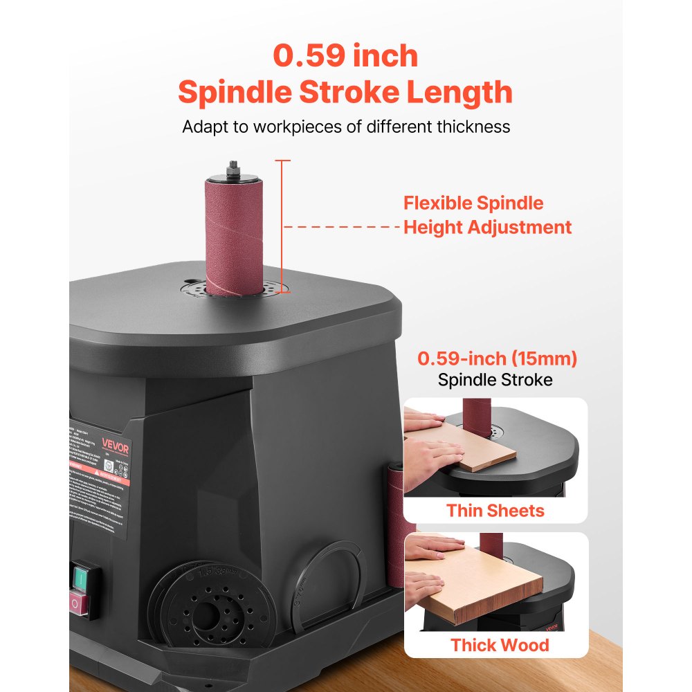 VEVOR Oscillating Spindle Sander, 2000RPM Benchtop Spindle Sander with 6 Sleeves (12.7–76.2 mm), 15 mm Stroke & Dust Connection Port for Furniture Finishing, Crafts Sanding, DIY Woodworking