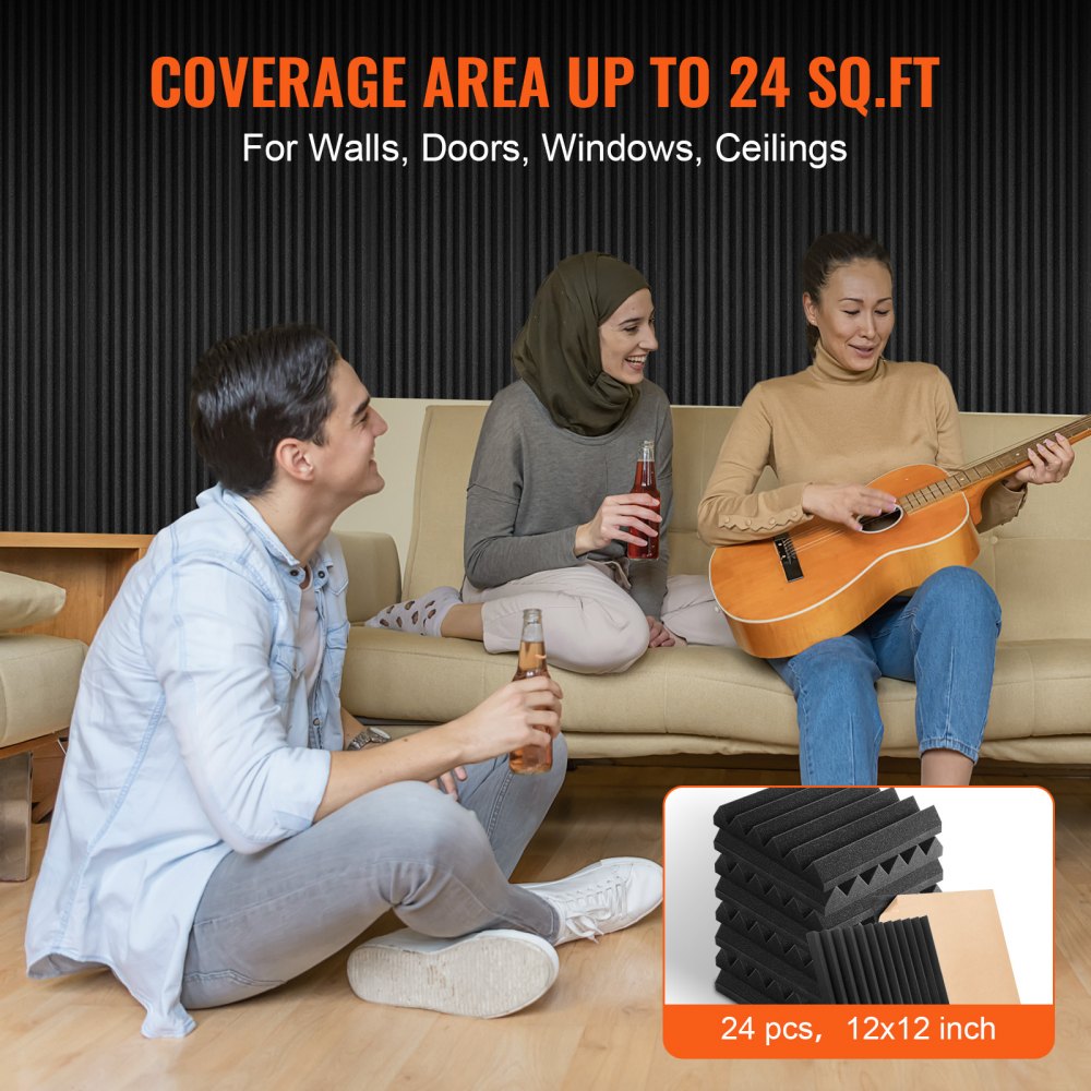 VEVOR Acoustic Foam Panels, 24 Pack 12 x 12 x 2 inches, Adhesive High Density Soundproof Wall Panels,Fire-Resistant Acoustic Panels,Sound Dampening Absorbing Panels for Studio Wall and Ceiling,Black