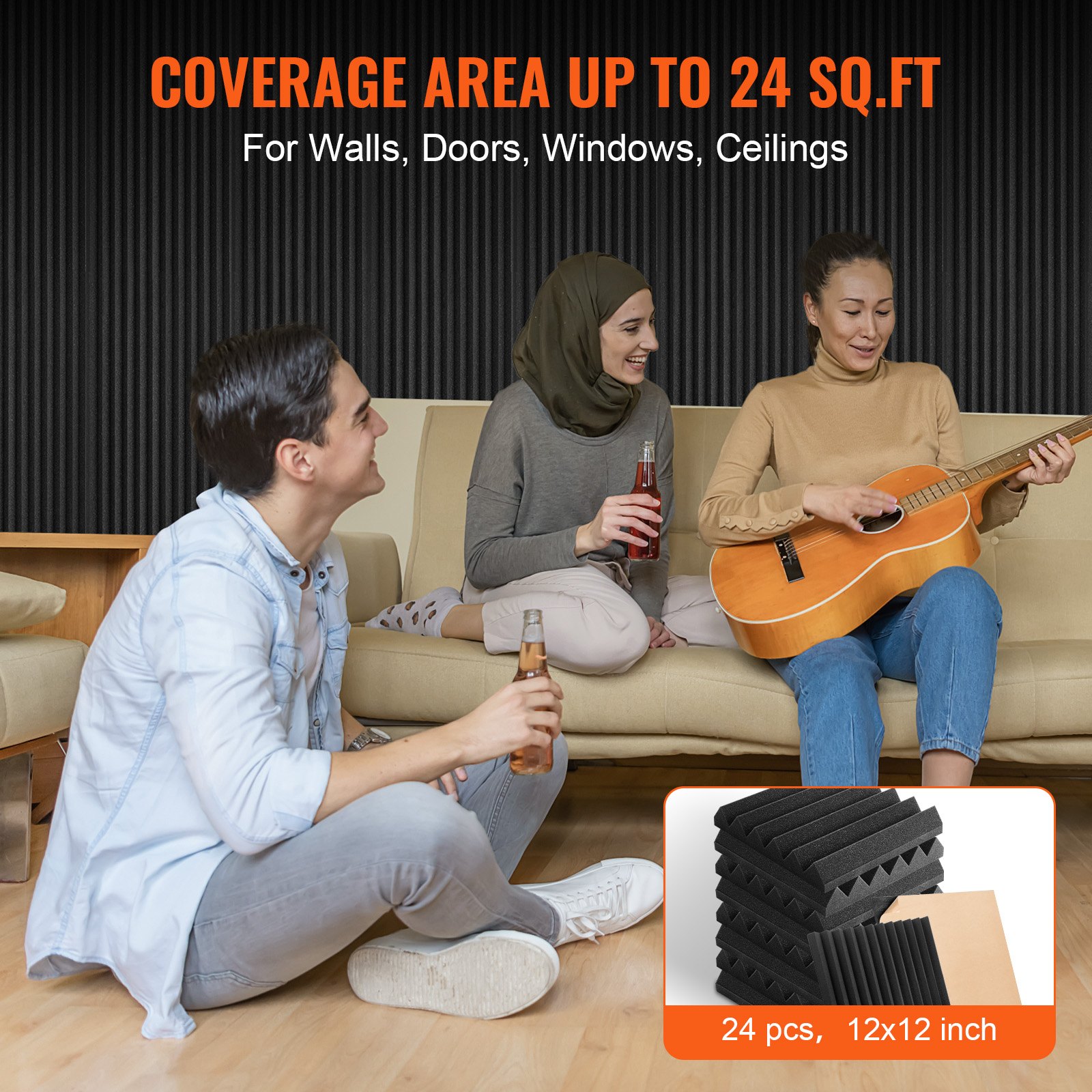 VEVOR Acoustic Foam Panels, 24 Pack 12 x 12 x 2 inches, Adhesive High Density Soundproof Wall Panels,Fire-Resistant Acoustic Panels,Sound Dampening Absorbing Panels for Studio Wall and Ceiling,Black