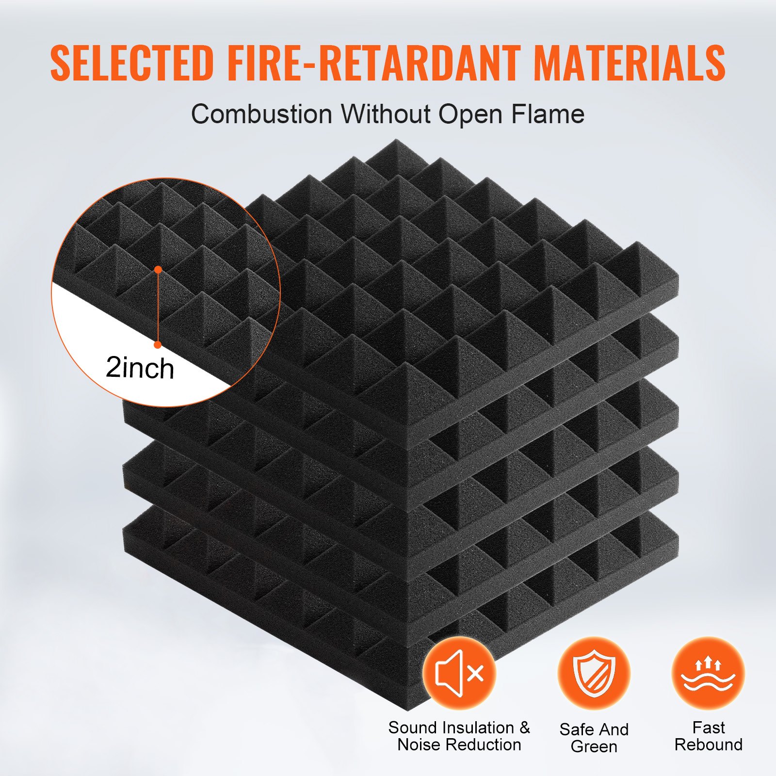 VEVOR Acoustic Foam Panels, 48 Pack 12 x 12 x 2 inches, Adhesive Pyramid Soundproof Wall Panels,Fire-Resistant Acoustic Panels,Sound Dampening Absorbing Panels for Studio Wall and Ceiling,Black