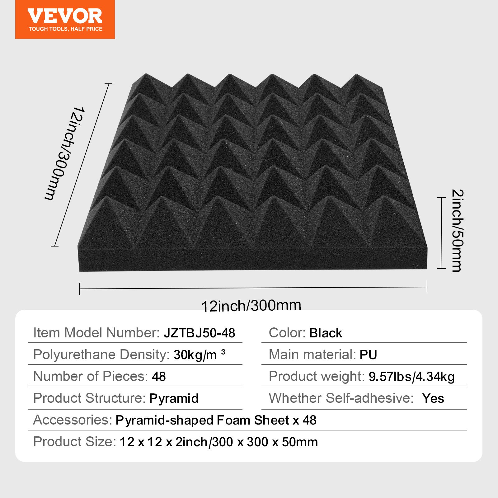 VEVOR Acoustic Foam Panels, 48 Pack 12 x 12 x 2 inches, Adhesive Pyramid Soundproof Wall Panels,Fire-Resistant Acoustic Panels,Sound Dampening Absorbing Panels for Studio Wall and Ceiling,Black