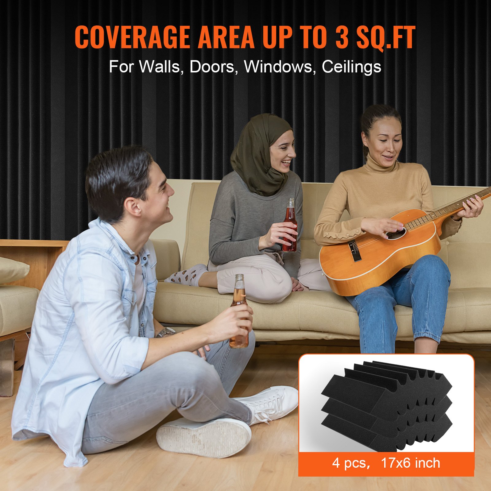 VEVOR Acoustic Foam Panels, 4 Pack 16.5 x 6.3 x 12 inches, Adhesive High Density Soundproof Wall Panels, Sound Dampening Absorbing Panel for Studio Wall and Ceiling,Black