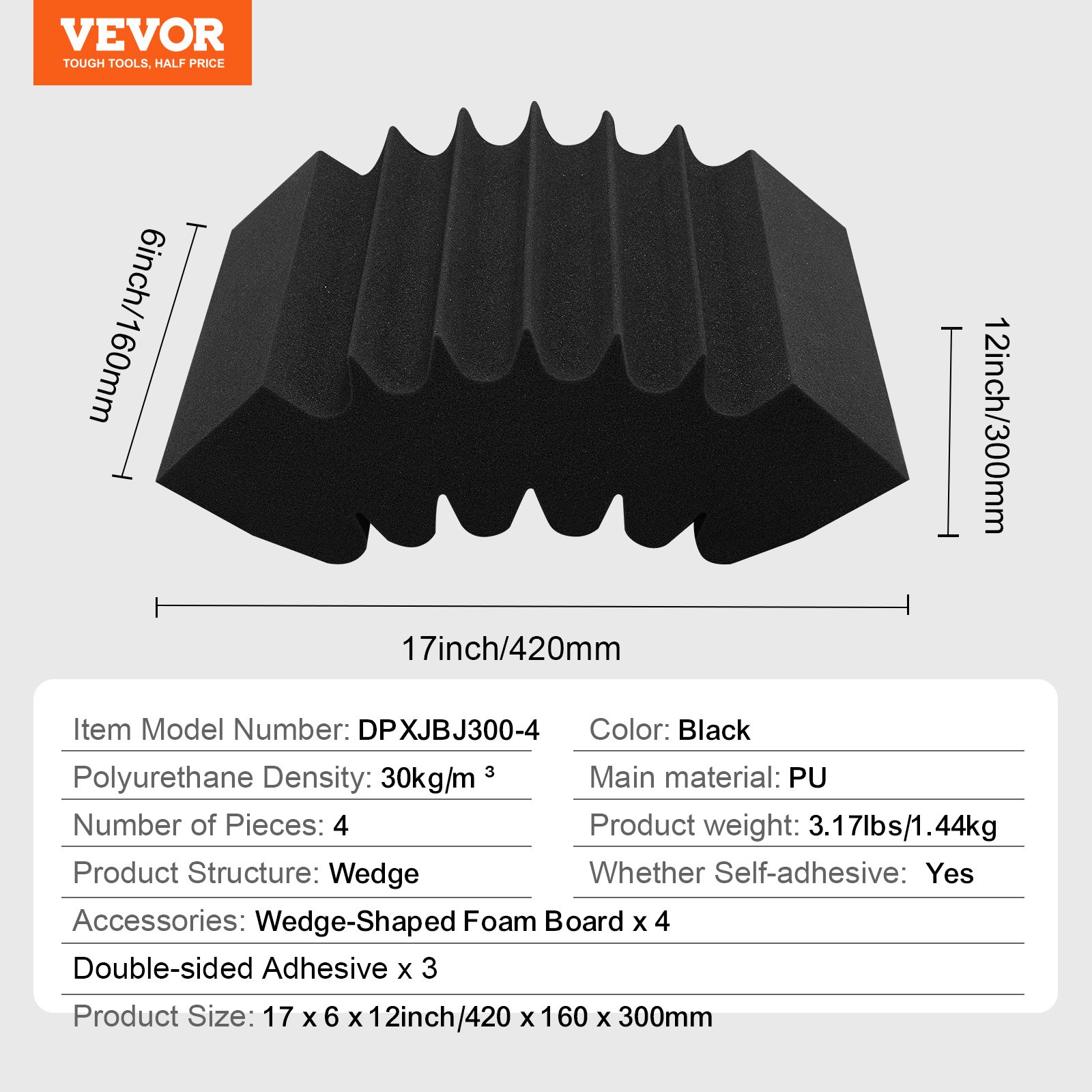 VEVOR Acoustic Foam Panels, 4 Pack 16.5 x 6.3 x 12 inches, Adhesive High Density Soundproof Wall Panels, Sound Dampening Absorbing Panel for Studio Wall and Ceiling,Black