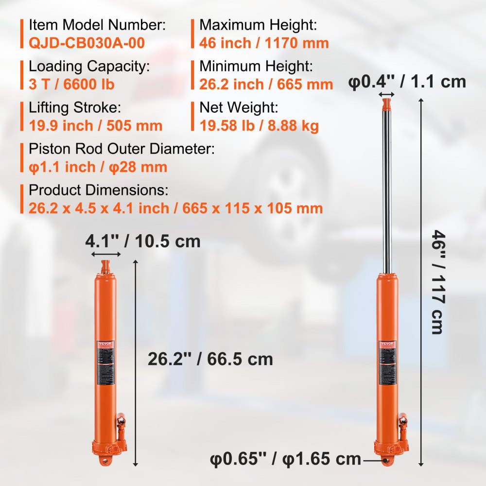 VEVOR hydraulic jack specifications: 3t capacity, max height 46&quot;, min height 26.2&quot;, net weight 19.58 lb.