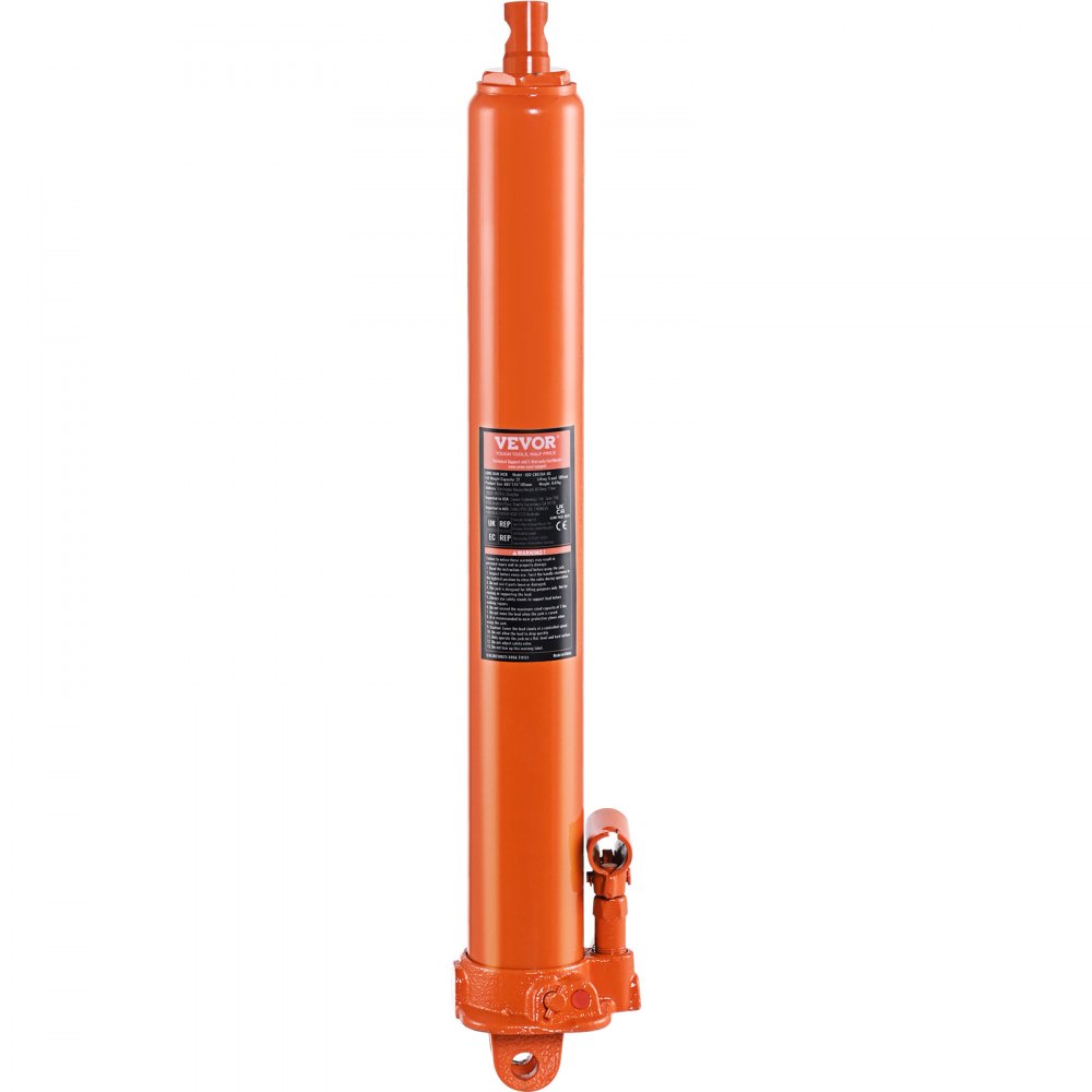 orange VEVOR hydraulic jack cylinder with label and lifting mechanism.