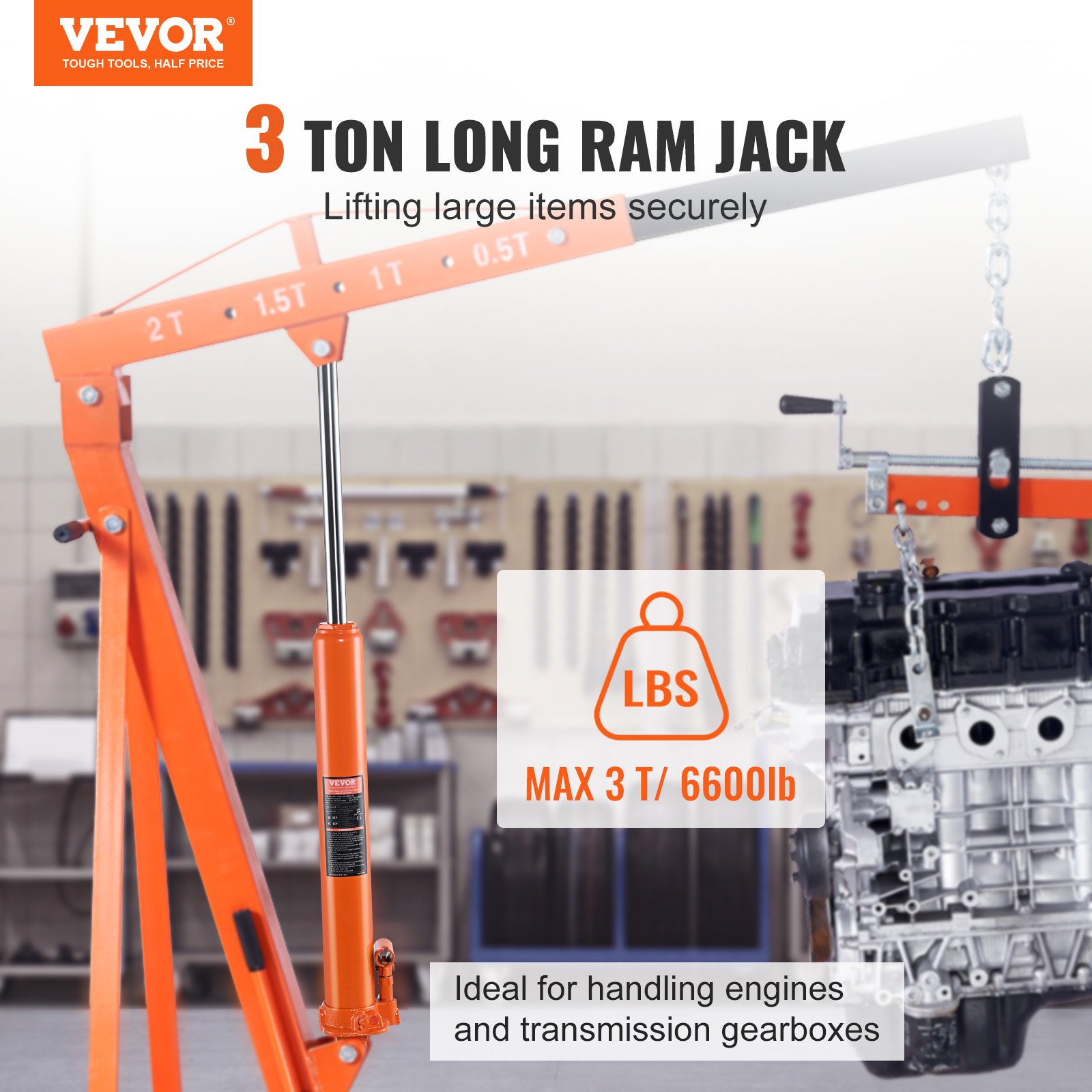 VEVOR hydraulic jack 3 ton long ram lifting engine in a workshop. max weight capacity 6600 lbs.
