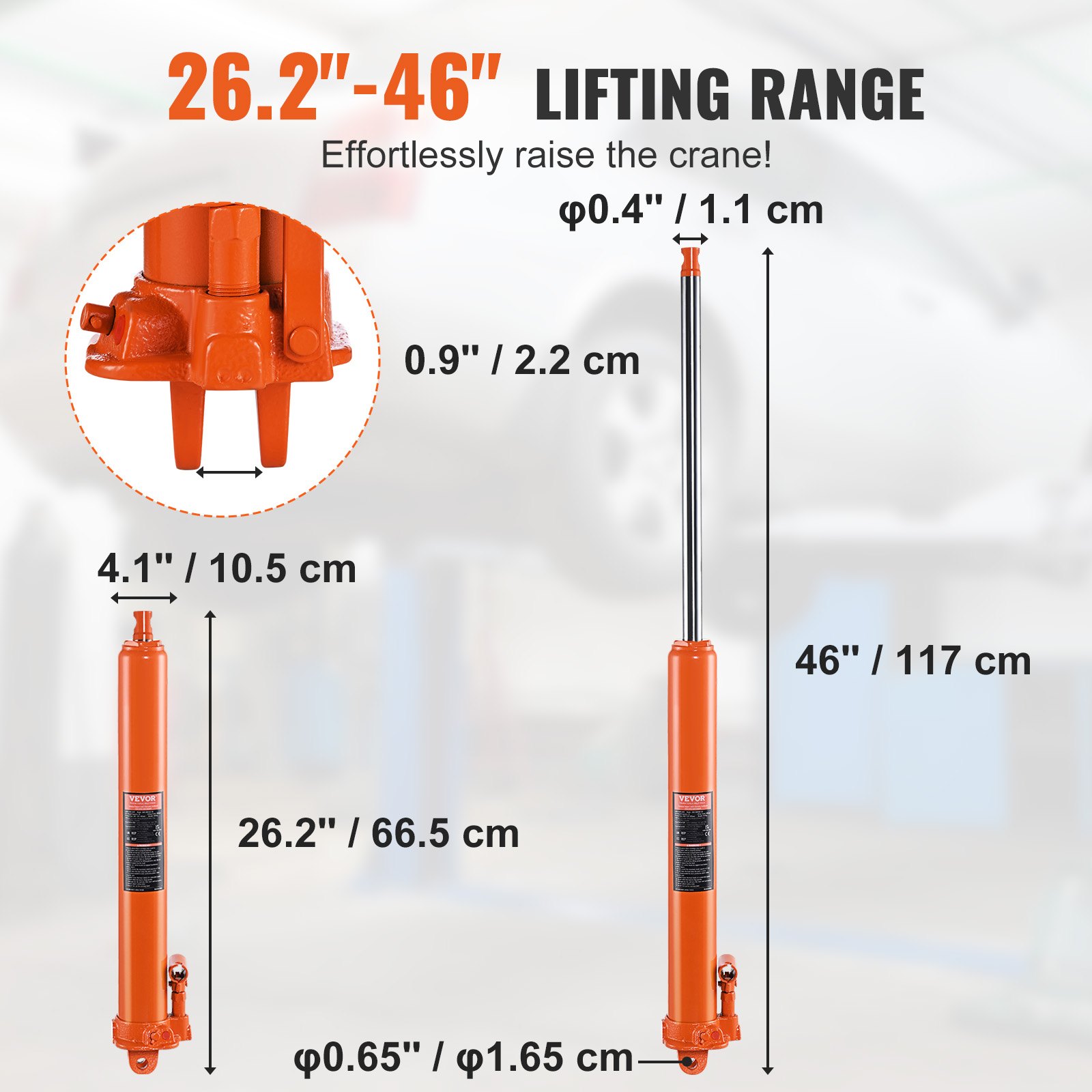 VEVOR hydraulic jack with 26.2&quot;-46&quot; lifting range, detailed dimensions, and orange color.