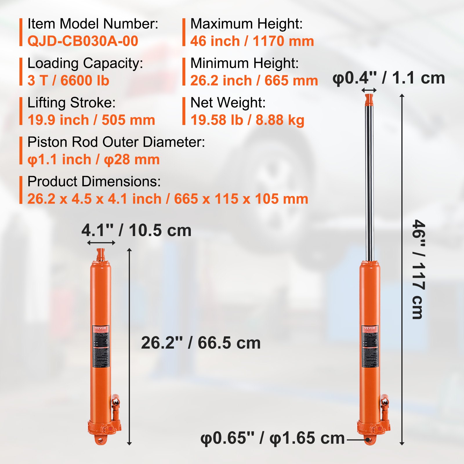 VEVOR hydraulic jack specifications: 3t capacity, max height 46&quot;, min height 26.2&quot;, net weight 19.58 lb.