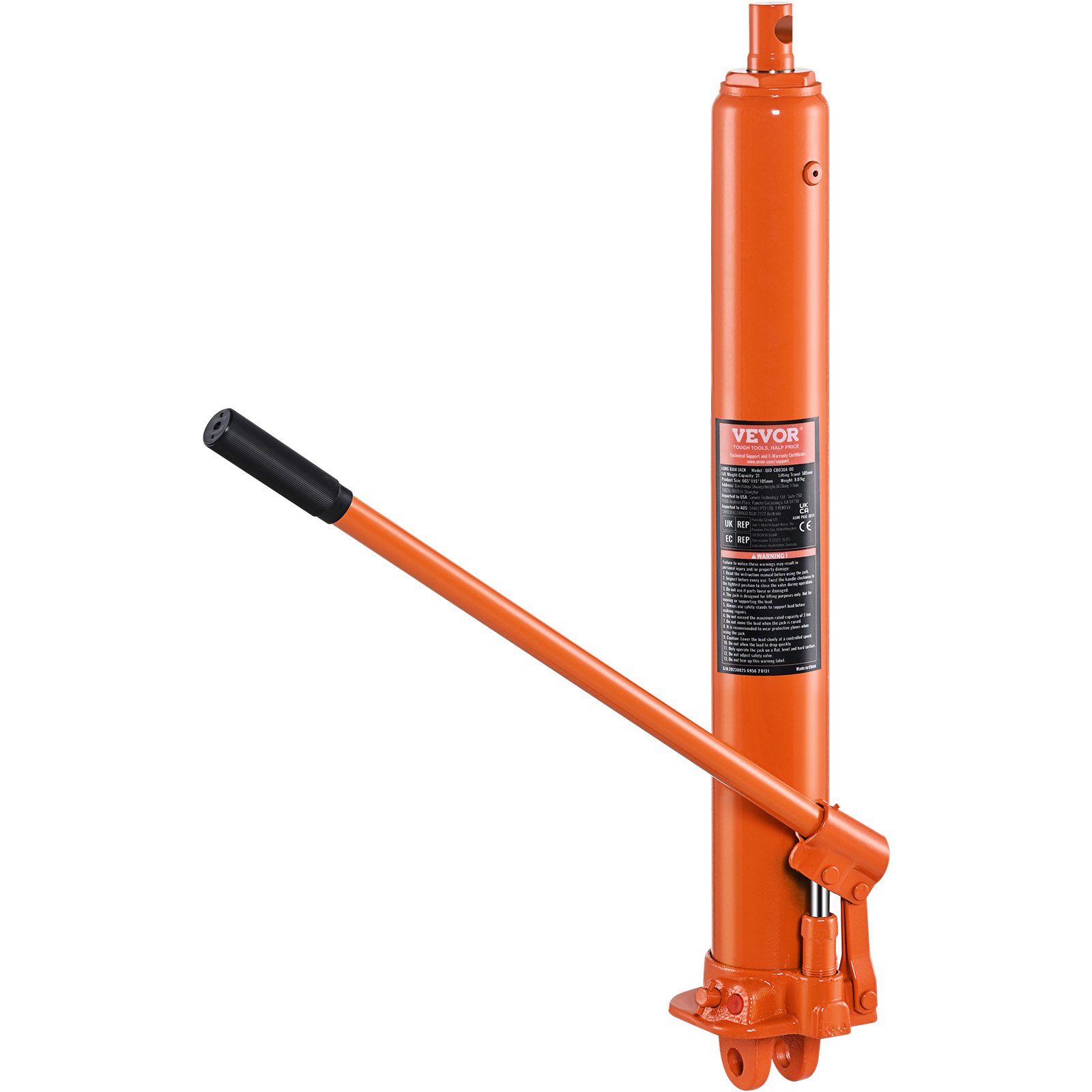 orange VEVOR hydraulic jack with handle and label on a white background.