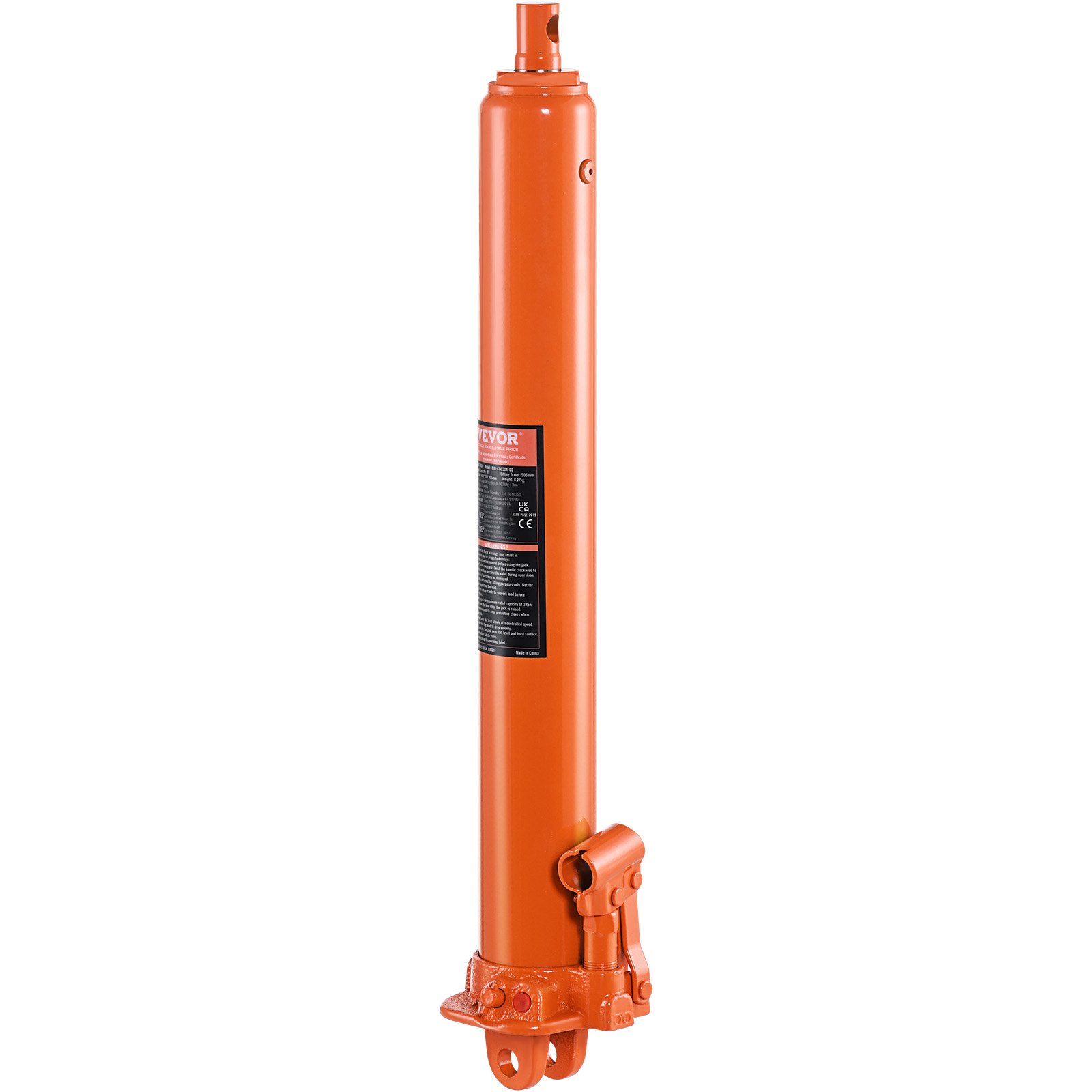 bright orange VEVOR hydraulic jack with label, featuring a cylindrical design and base attachment.