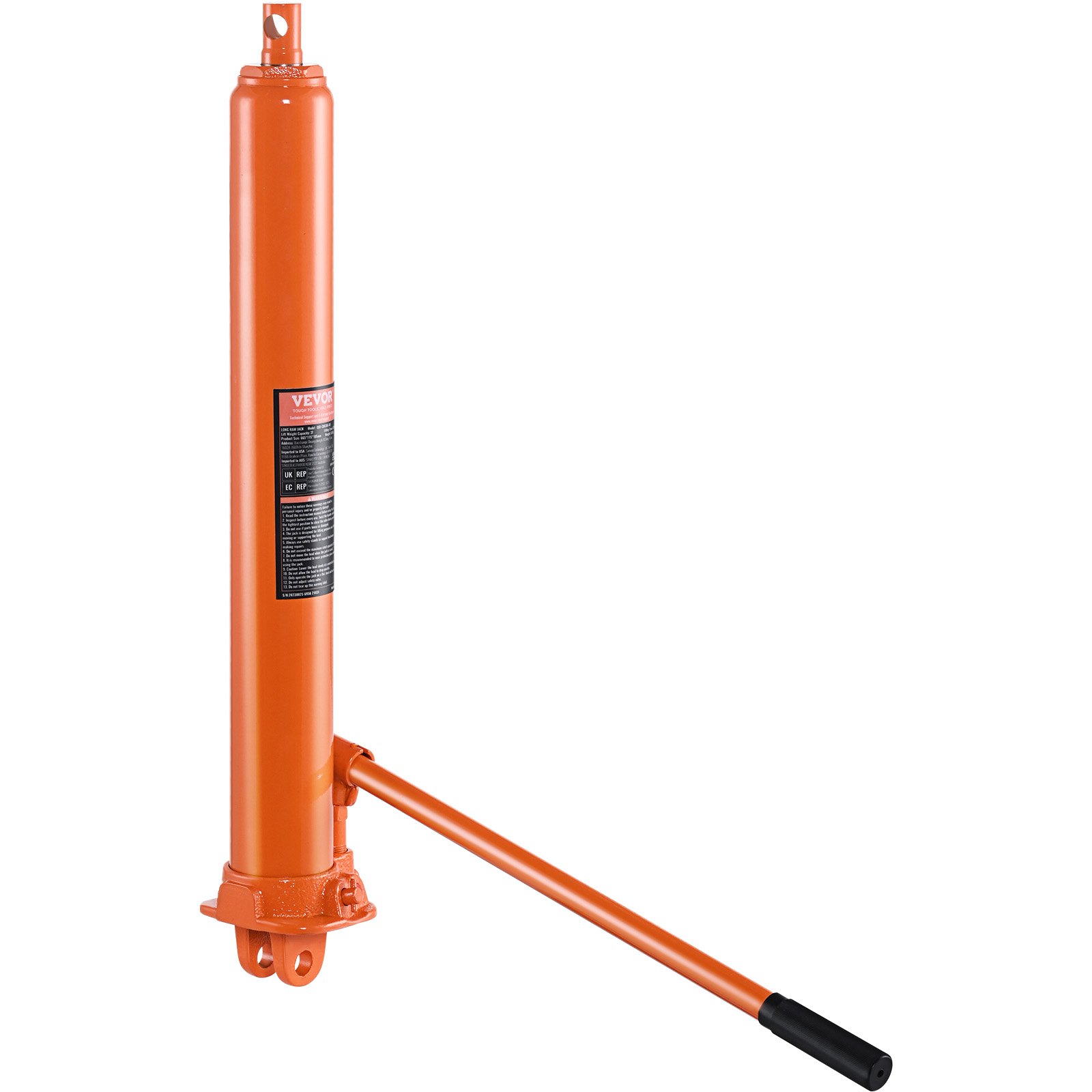 orange VEVOR hydraulic jack with a long handle and black grip on a white background.