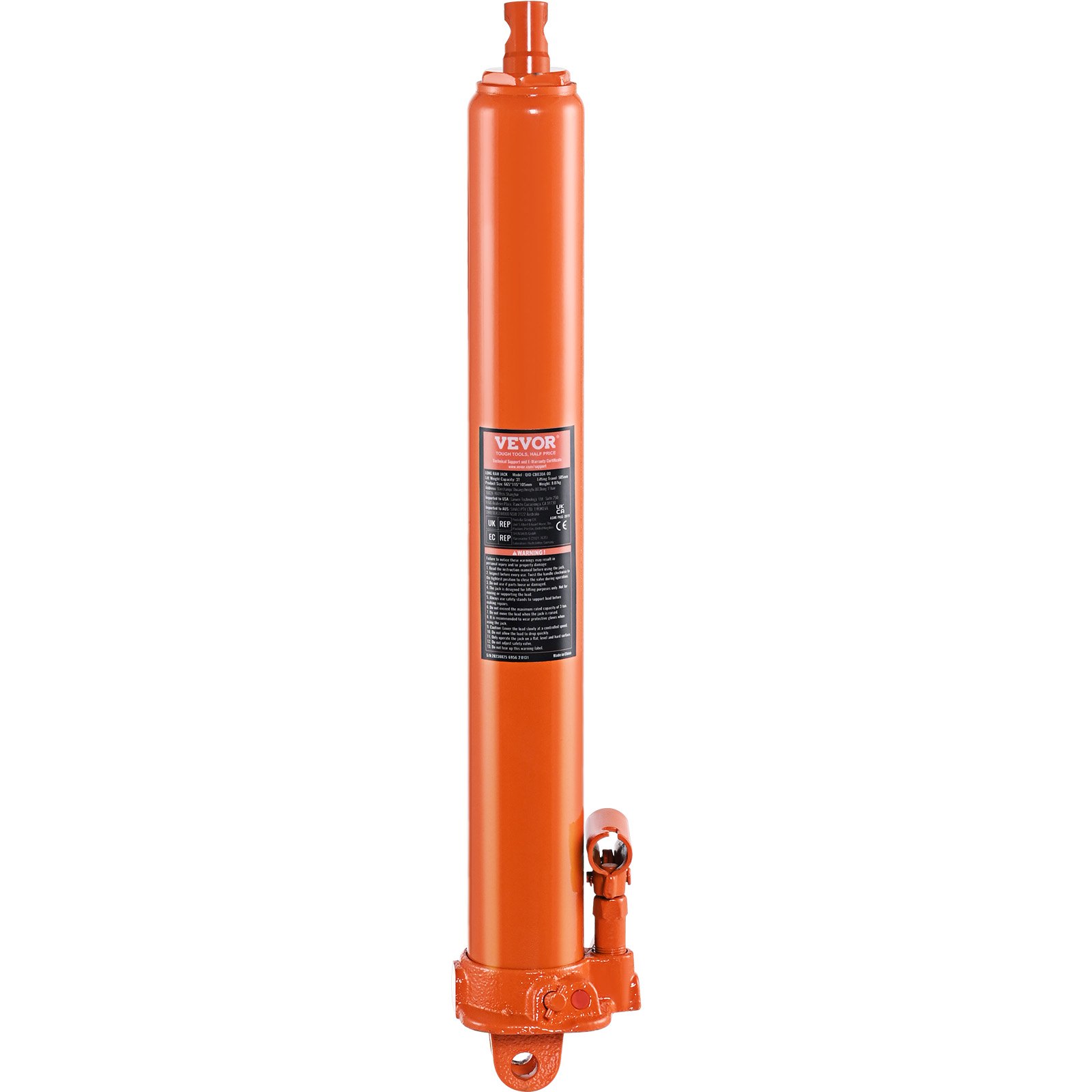 orange VEVOR hydraulic jack cylinder with label and lifting mechanism.