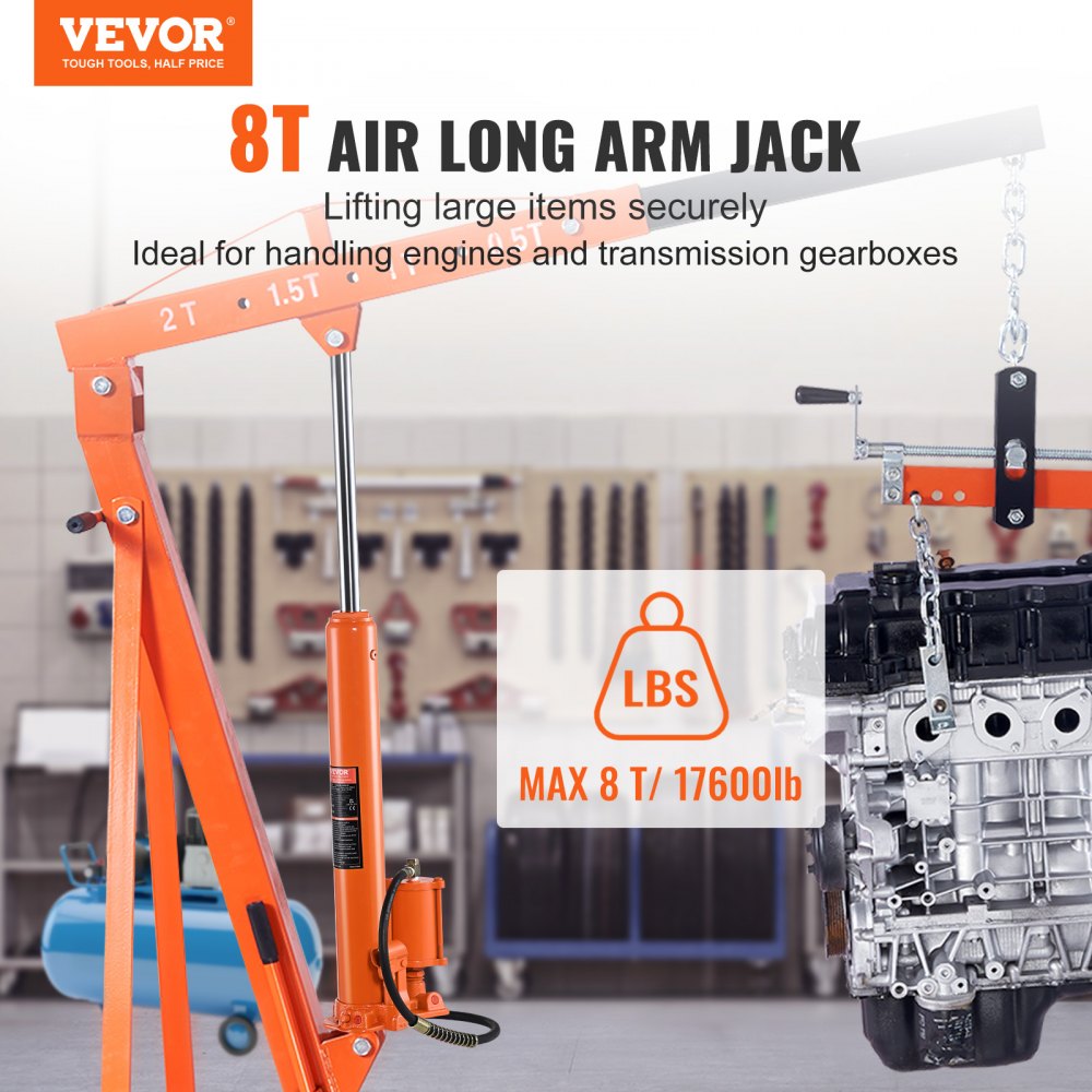 VEVOR Hydraulic Long Ram Jack, 8 Ton Engine Hoist Cylinder with Air Pump and Single Piston Pump, Hydraulic Ram Cylinder Clevis Base for Engine Lift Hoists, Garage/Shop Cranes, Mechanical, Farm