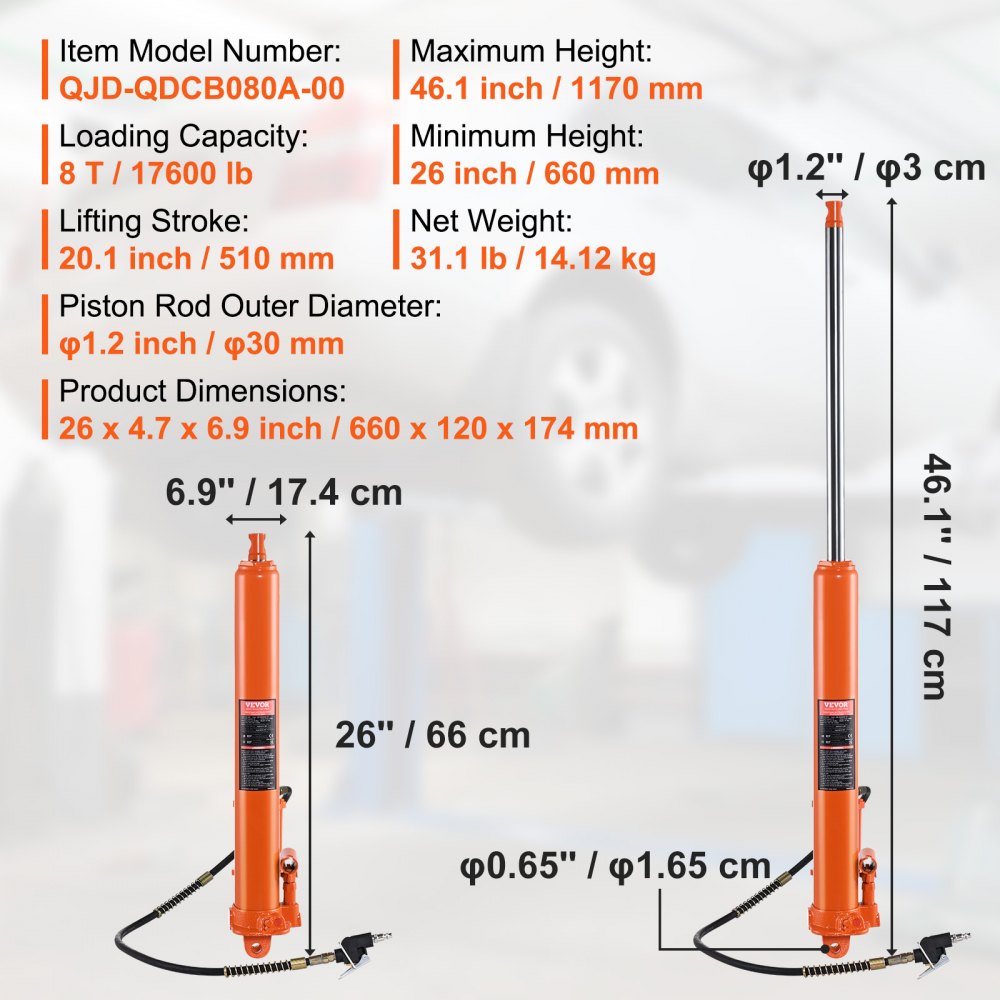VEVOR Hydraulic Long Ram Jack, 8 Ton Engine Hoist Cylinder with Air Pump and Single Piston Pump, Hydraulic Ram Cylinder Clevis Base for Engine Lift Hoists, Garage/Shop Cranes, Mechanical, Farm