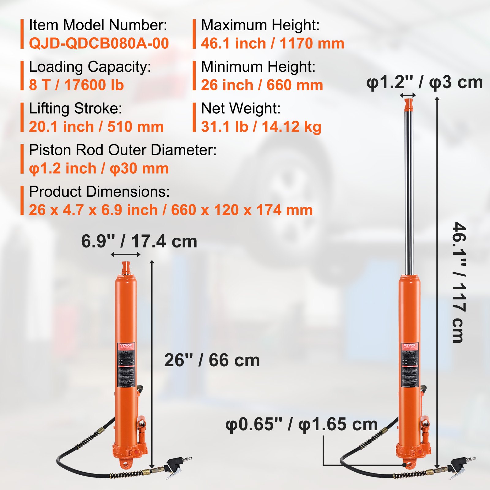 VEVOR Hydraulic Long Ram Jack, 8 Ton Engine Hoist Cylinder with Air Pump and Single Piston Pump, Hydraulic Ram Cylinder Clevis Base for Engine Lift Hoists, Garage/Shop Cranes, Mechanical, Farm