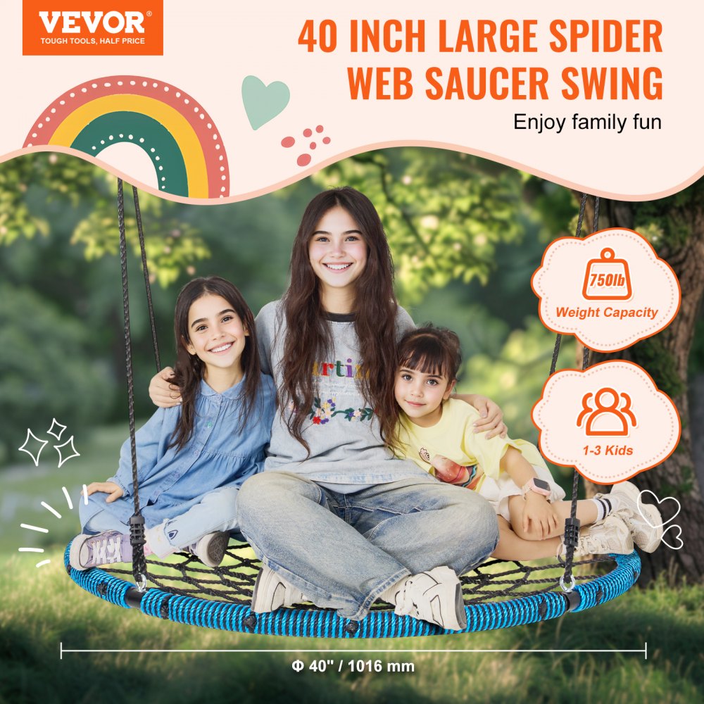 VEVOR Spider Web Saucer Swing, 40 Inch Round Swings for Kids Outdoor, 750lbs Weight Capacity Saucer Tree Swing, Stable Woven Rope Swing Seat with Tree Hanging Straps and Adjustable Multi-Strand Ropes