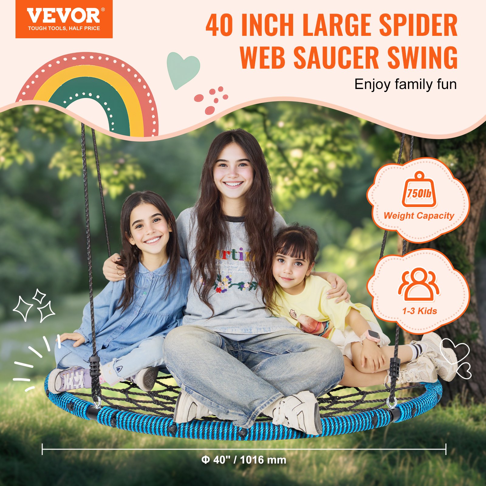VEVOR Spider Web Saucer Swing, 40 Inch Round Swings for Kids Outdoor, 750lbs Weight Capacity Saucer Tree Swing, Stable Woven Rope Swing Seat with Tree Hanging Straps and Adjustable Multi-Strand Ropes
