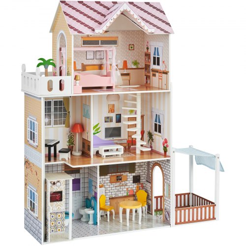 VEVOR Wooden Dollhouse, Rooms Modern Doll House Playset for Kids