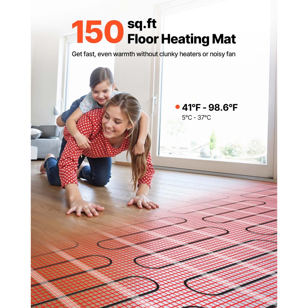 VEVOR 150 sqft Self-Adhesive Mesh Floor Heating Mat System, 120V Electric Radiant Heated Floor System, with Smart Control Thermostat & Alarm, Easy Installation for Tile, Stone, Vinyl