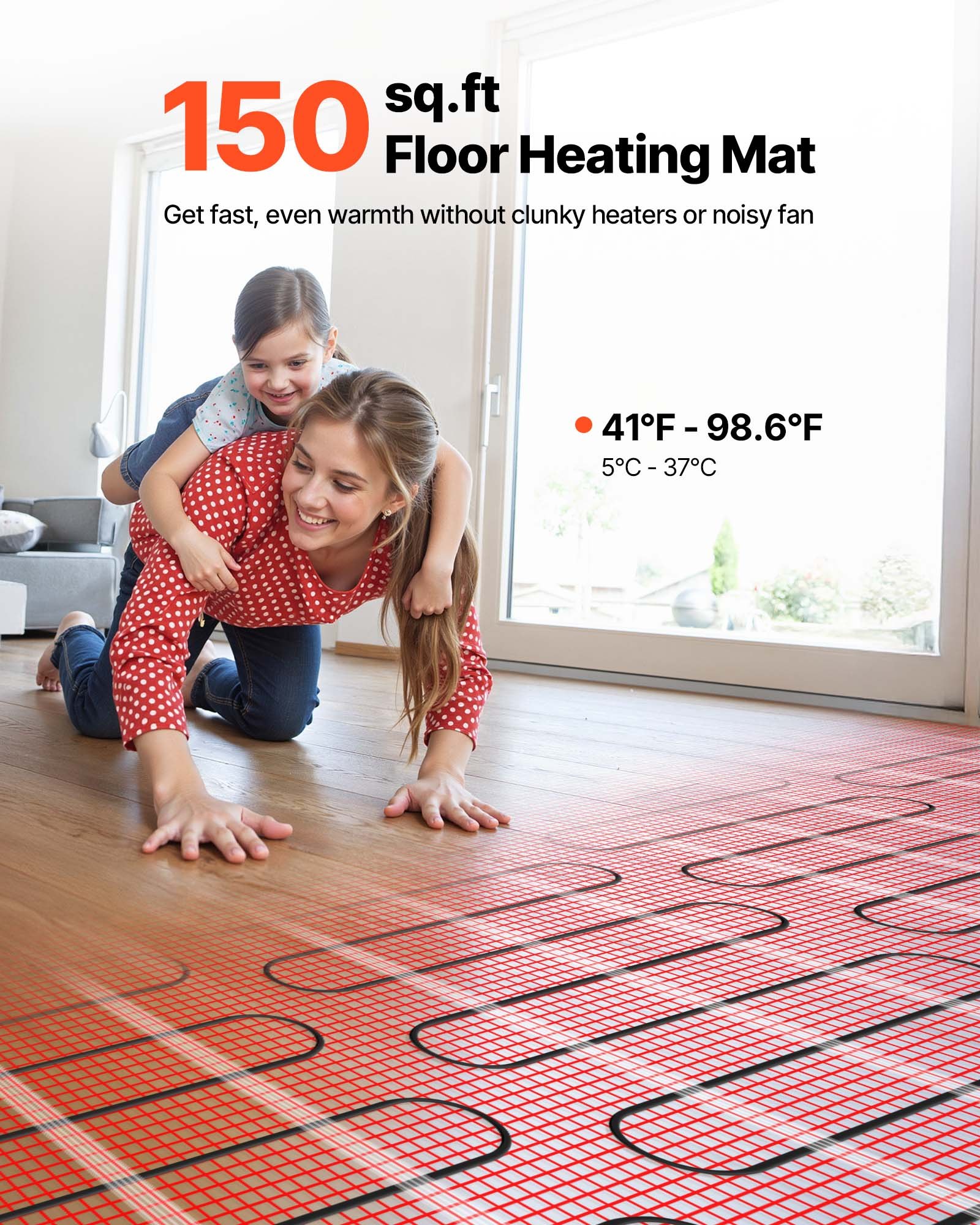 VEVOR 150 sqft Self-Adhesive Mesh Floor Heating Mat System, 120V Electric Radiant Heated Floor System, with Smart Control Thermostat & Alarm, Easy Installation for Tile, Stone, Vinyl