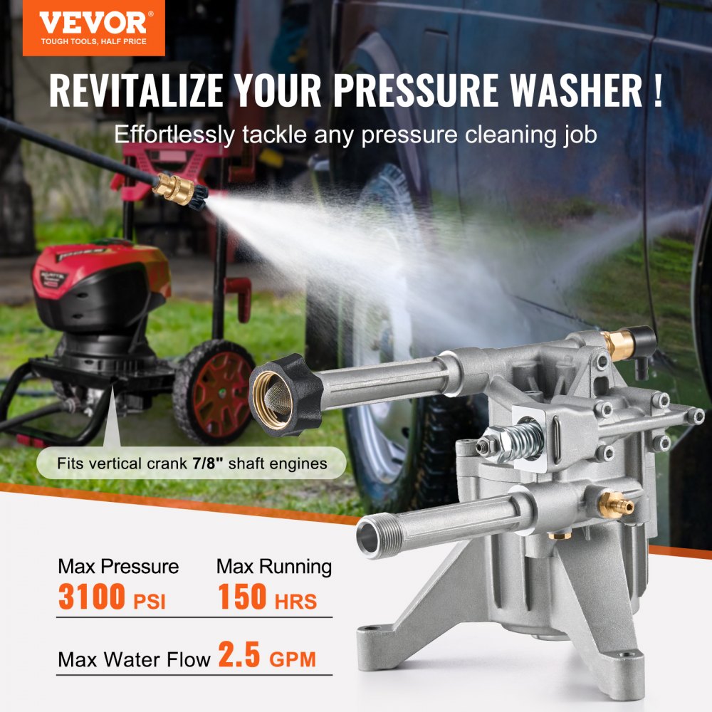 VEVOR Pressure Washer Pump, 22mm(7/8") Shaft Vertical, 214 bar(3100 PSI), 9.5 L/min(2.5GPM), Replacement Power Washer Pumps Kit with 5 Nozzles, Compatible with Briggs & Stratton, Generac, Devilbiss, Troy Bilt, Honda, Craftsman