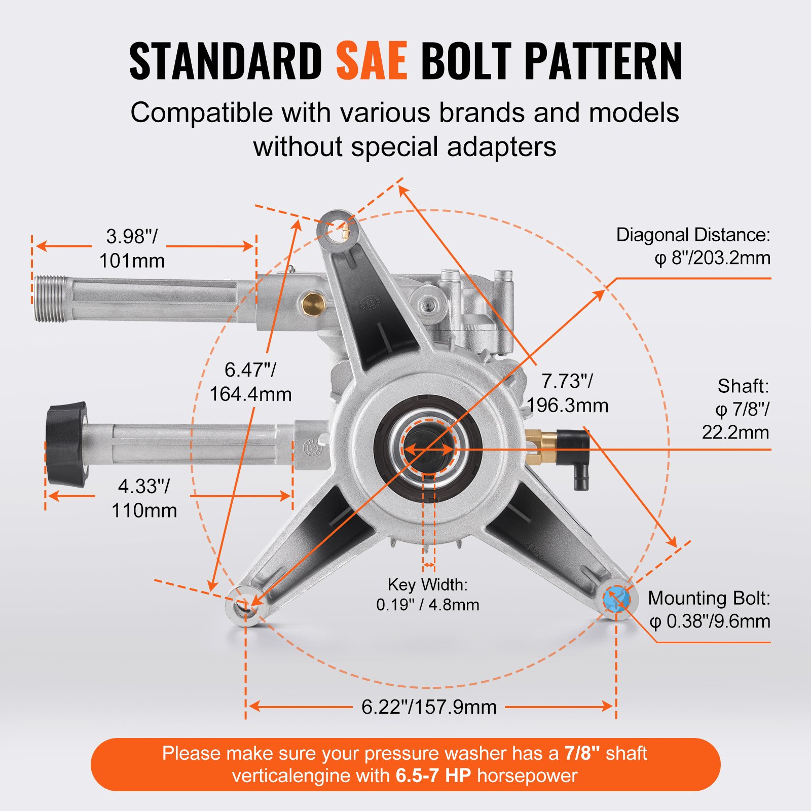 VEVOR Pressure Washer Pump, 22mm(7/8") Shaft Vertical, 214 bar(3100 PSI), 9.5 L/min(2.5GPM), Replacement Power Washer Pumps Kit with 5 Nozzles, Compatible with Briggs & Stratton, Generac, Devilbiss, Troy Bilt, Honda, Craftsman
