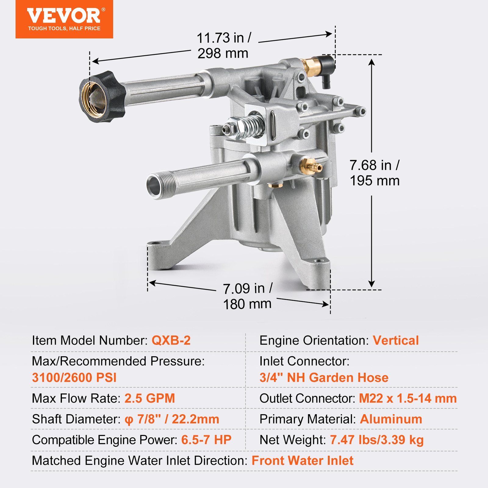 VEVOR Pressure Washer Pump, 22mm(7/8") Shaft Vertical, 214 bar(3100 PSI), 9.5 L/min(2.5GPM), Replacement Power Washer Pumps Kit with 5 Nozzles, Compatible with Briggs & Stratton, Generac, Devilbiss, Troy Bilt, Honda, Craftsman