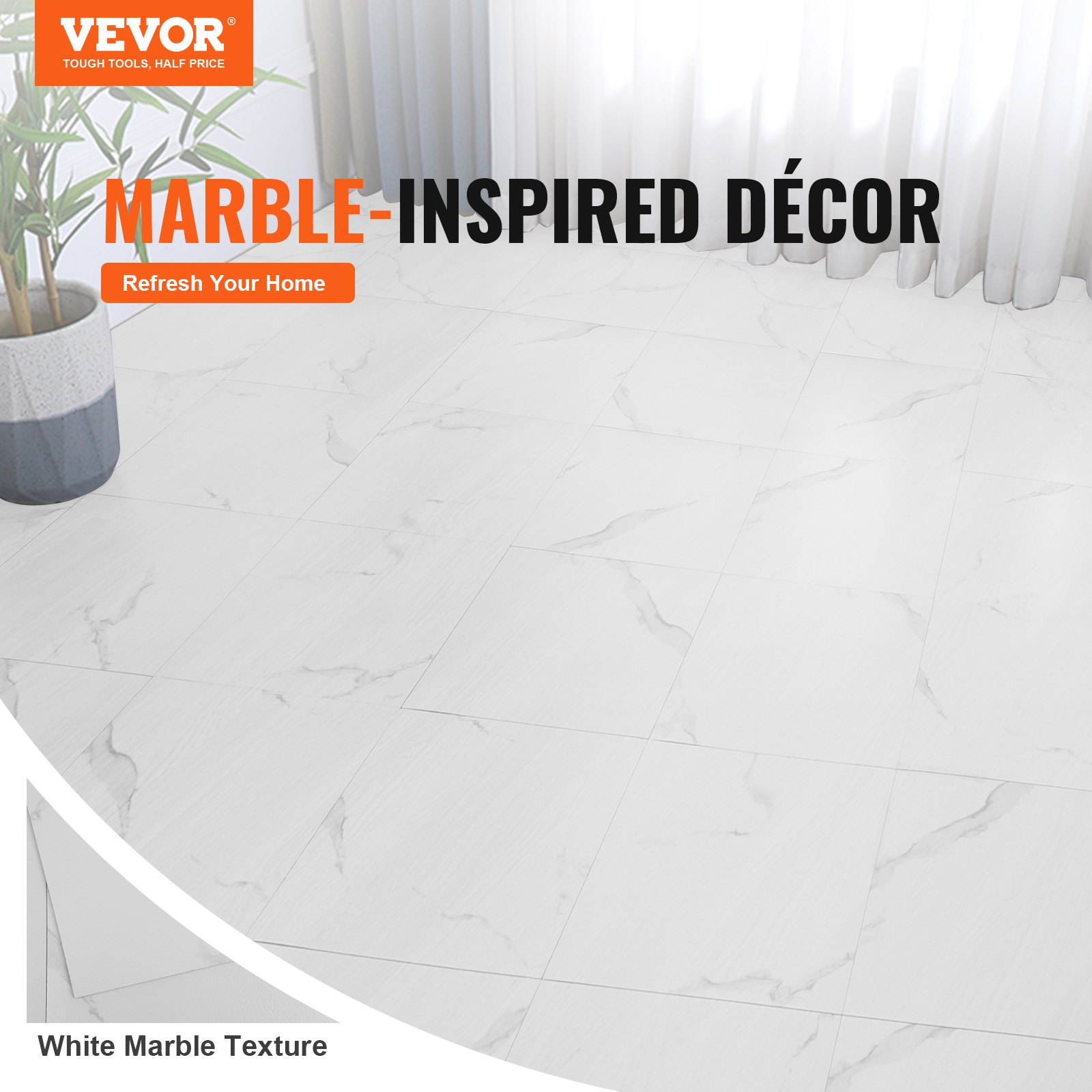 VEVOR Self Adhesive Vinyl Floor Tiles 12 x 12 inch, 50 Tiles 1.5mm Thick Peel & Stick, White Marble Texture DIY Flooring for Kitchen, Dining Room, Bedrooms & Bathrooms, Easy for Home Decor