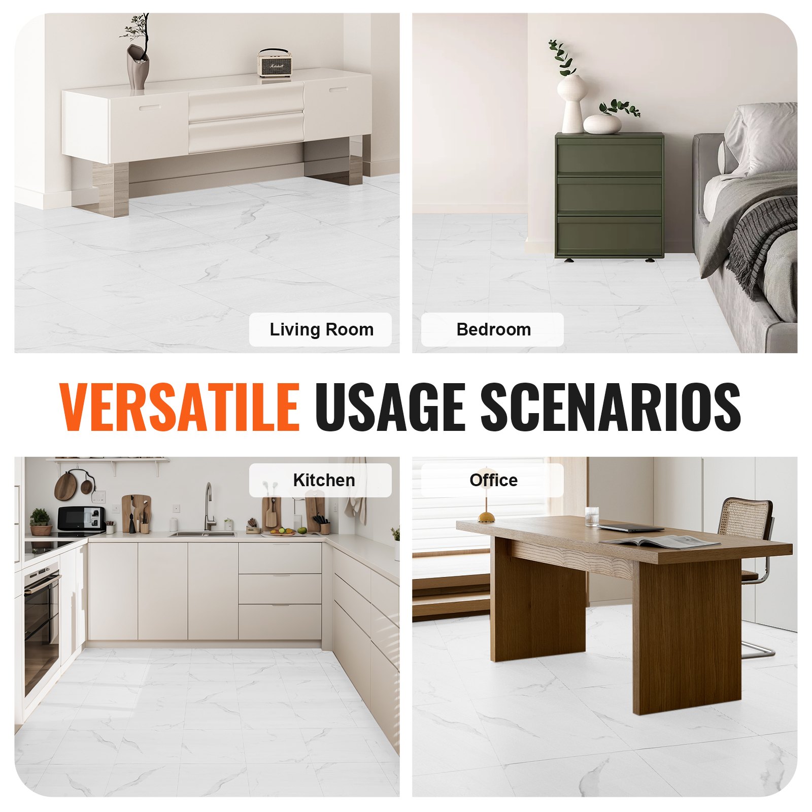 VEVOR Self Adhesive Vinyl Floor Tiles 12 x 12 inch, 50 Tiles 1.5mm Thick Peel & Stick, White Marble Texture DIY Flooring for Kitchen, Dining Room, Bedrooms & Bathrooms, Easy for Home Decor