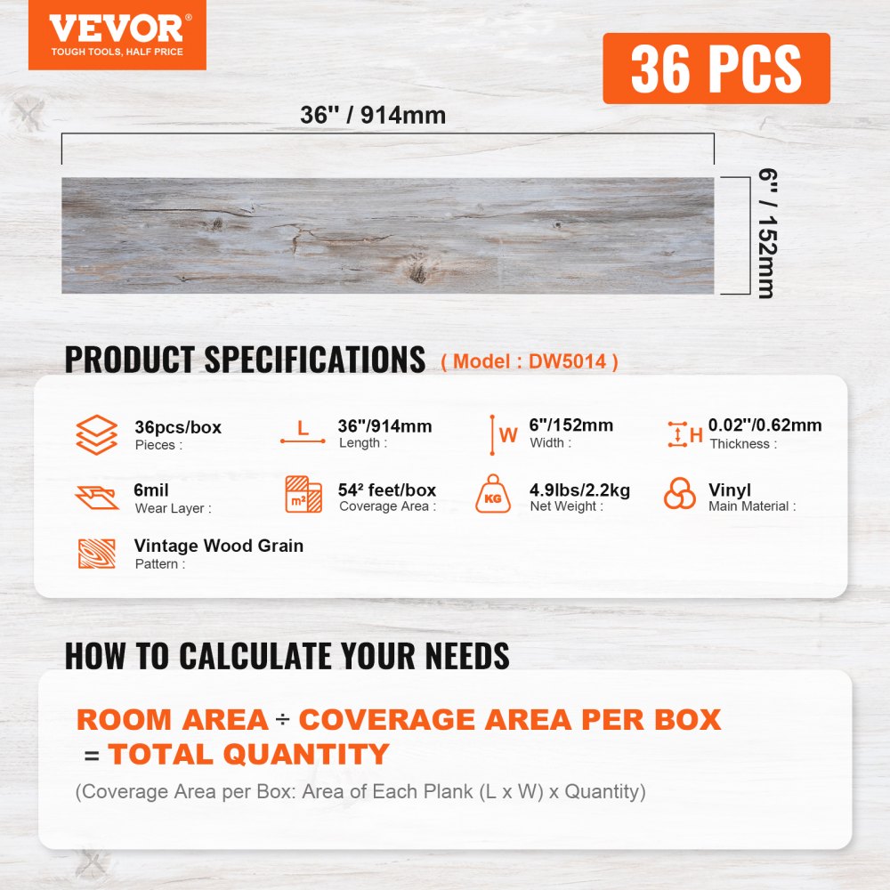 VEVOR Self Adhesive Vinyl Floor Tiles 914 x 152 mm, 36 Tiles 0.62mm Thick Peel & Stick, Vintage Wood Grain DIY Flooring for Kitchen, Dining Room, Bedrooms & Bathrooms, Easy for Home Decor