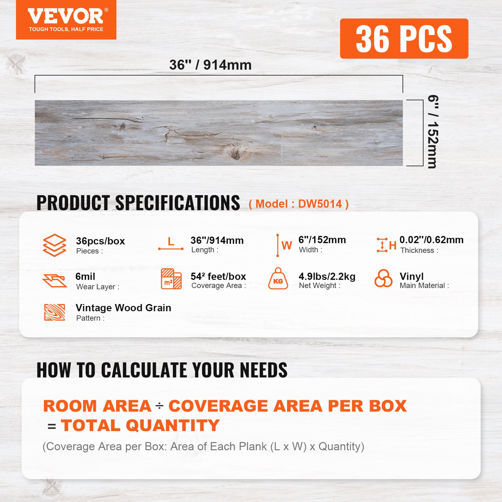 VEVOR Self Adhesive Vinyl Floor Tiles 914 x 152 mm, 36 Tiles 0.62mm Thick Peel & Stick, Vintage Wood Grain DIY Flooring for Kitchen, Dining Room, Bedrooms & Bathrooms, Easy for Home Decor