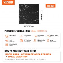 VEVOR 12” x 12” Self Adhesive Vinyl Floor Tiles 50 PCS 1.5mm Thick Black Marble