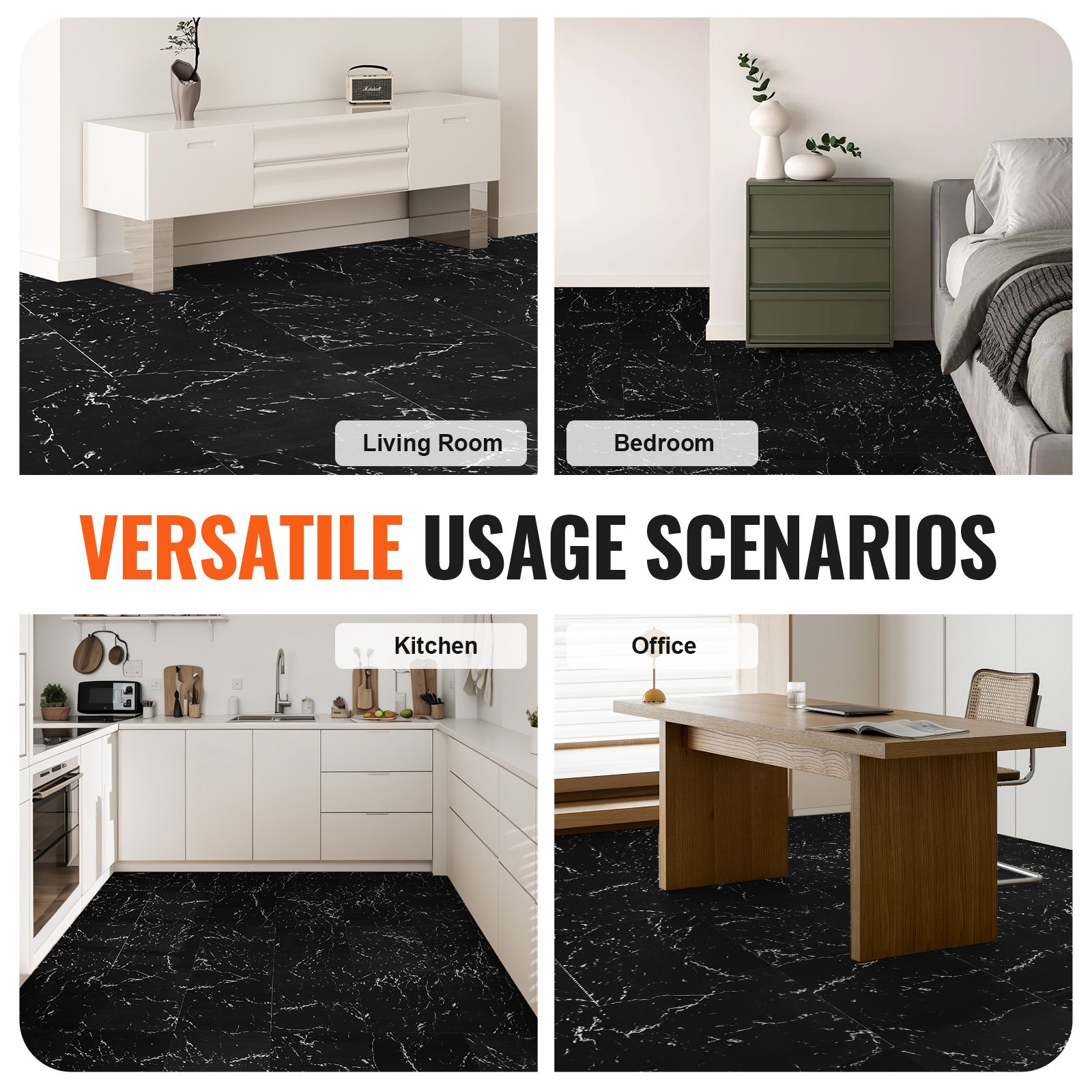 VEVOR Self Adhesive Vinyl Floor Tiles 12 x 12 inch, 50 Tiles 1.5mm Thick Peel & Stick, Black Marble Texture DIY Flooring for Kitchen, Dining Room, Bedrooms & Bathrooms, Easy for Home Decor