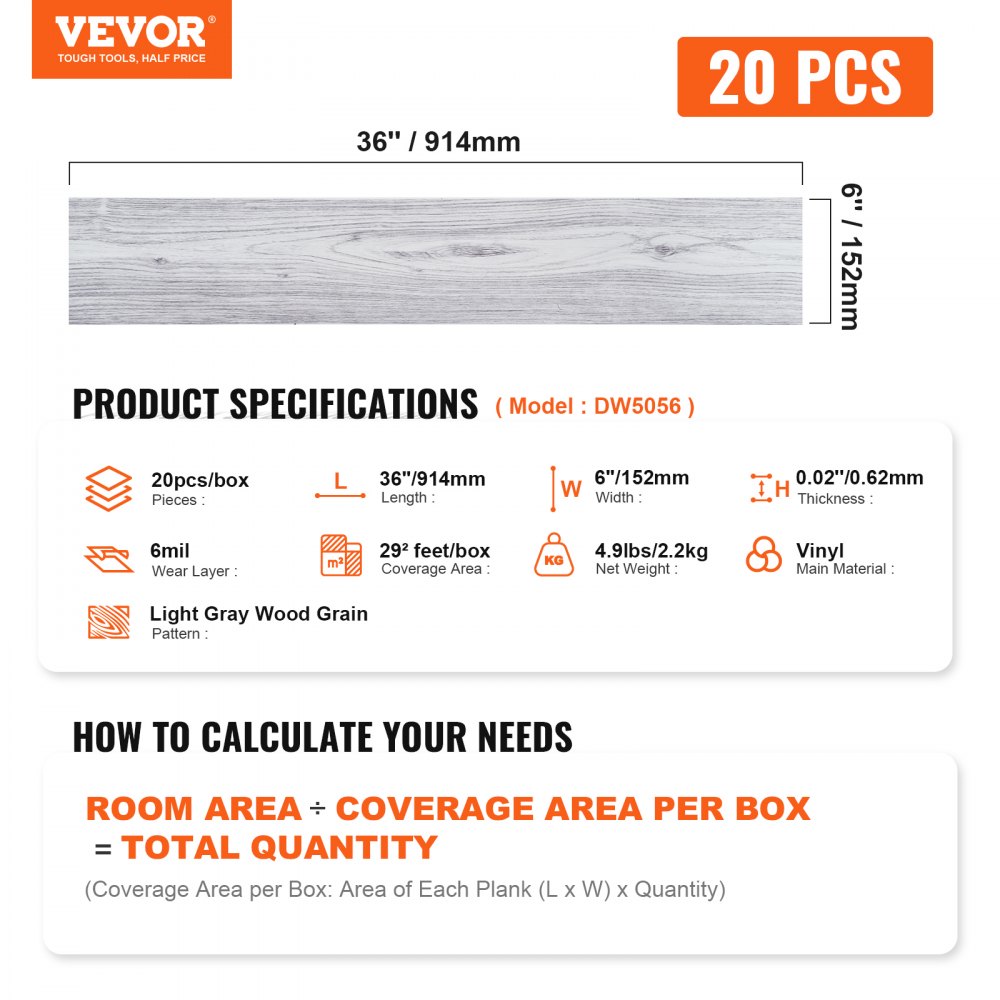 VEVOR Self Adhesive Vinyl Floor Tiles 914 x 152 mm, 20 Tiles 0.62mm Thick Peel & Stick, Light Gray Wood Grain DIY Flooring for Kitchen, Dining Room, Bedrooms & Bathrooms, Easy for Home Decor