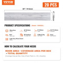 VEVOR Self Adhesive Vinyl Floor Tiles 20PCS 0.62mm Thick Light Gray Wood Grain