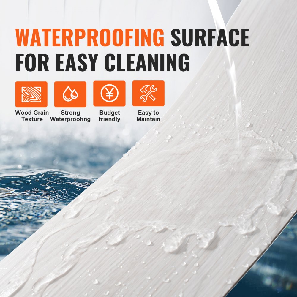 waterproof VEVOR vinyl floor tiles with wood grain texture, easy to clean and budget-friendly.