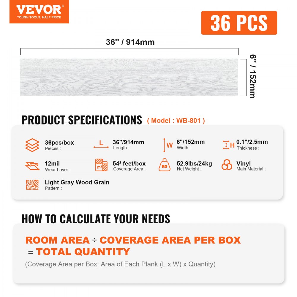 VEVOR vinyl floor tiles, 36&quot;x6&quot;, light gray wood grain, 36pcs, 54 sq ft coverage, 12mil wear layer.