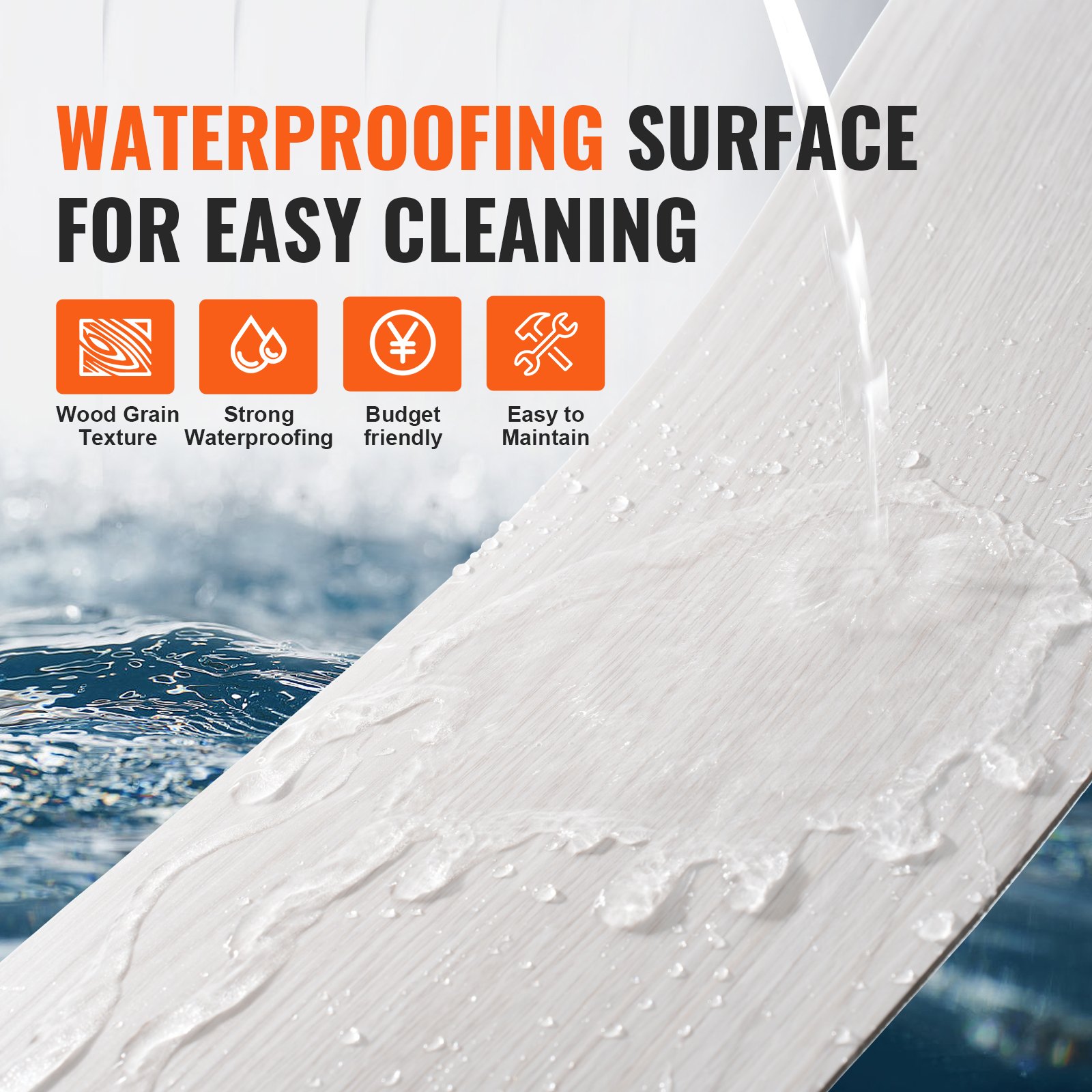 waterproof VEVOR vinyl floor tiles with wood grain texture, easy to clean and budget-friendly.
