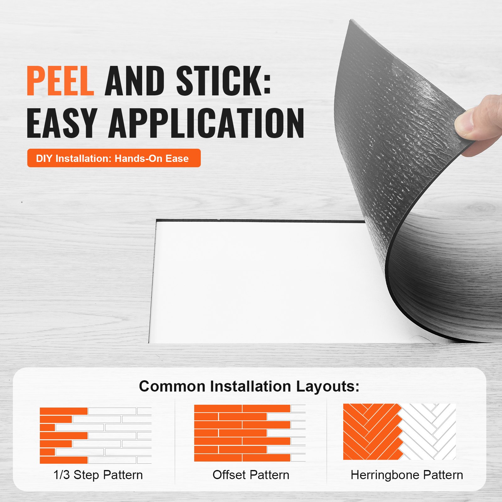 hand peeling VEVOR vinyl floor tile; text: &quot;peel and stick: easy application&quot; and installation patterns.