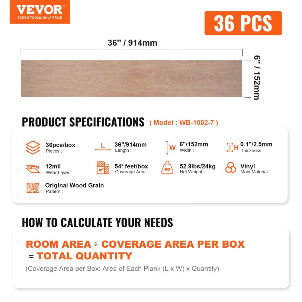 VEVOR self adhesive vinyl floor tiles, 36 pcs, wood grain, 36&quot;x6&quot;x0.1&quot;, 54 sqft coverage, 52.9 lbs/box.