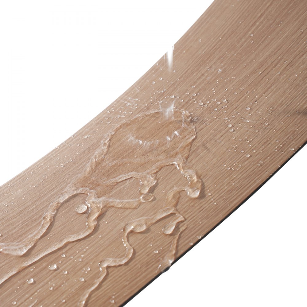 waterproof VEVOR self adhesive vinyl floor tiles with wood grain texture and water droplets.