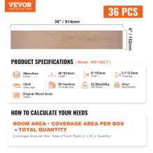 VEVOR Self Adhesive Vinyl Floor Tiles 36 x 6 inch, 36 Tiles 2.5mm Thick Peel & Stick, Natural Wood Grain DIY Flooring for Kitchen, Dining Room, Bedrooms & Bathrooms, Easy for Home Decor