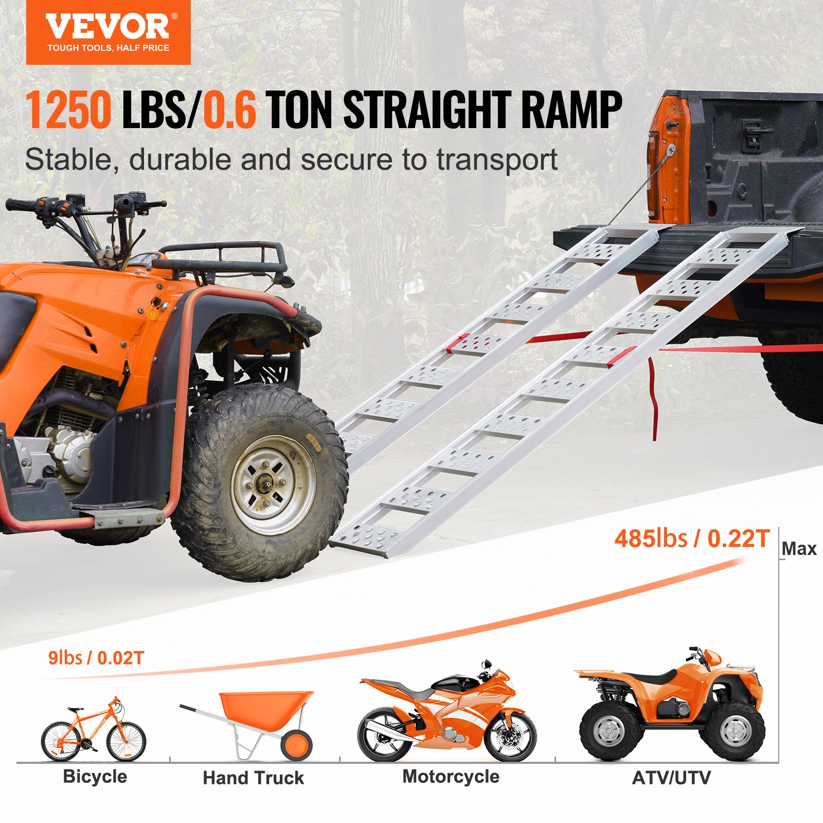 VEVOR Aluminum Ramps, 1250lbs, Straight Ramp with Treads and Load Straps, Portable Loading Ramp for Motorcycles, ATVs, Trucks, Lawn Mower, Dirt Bike, Garden Tractor,1980 x 305 mm, 2Pcs