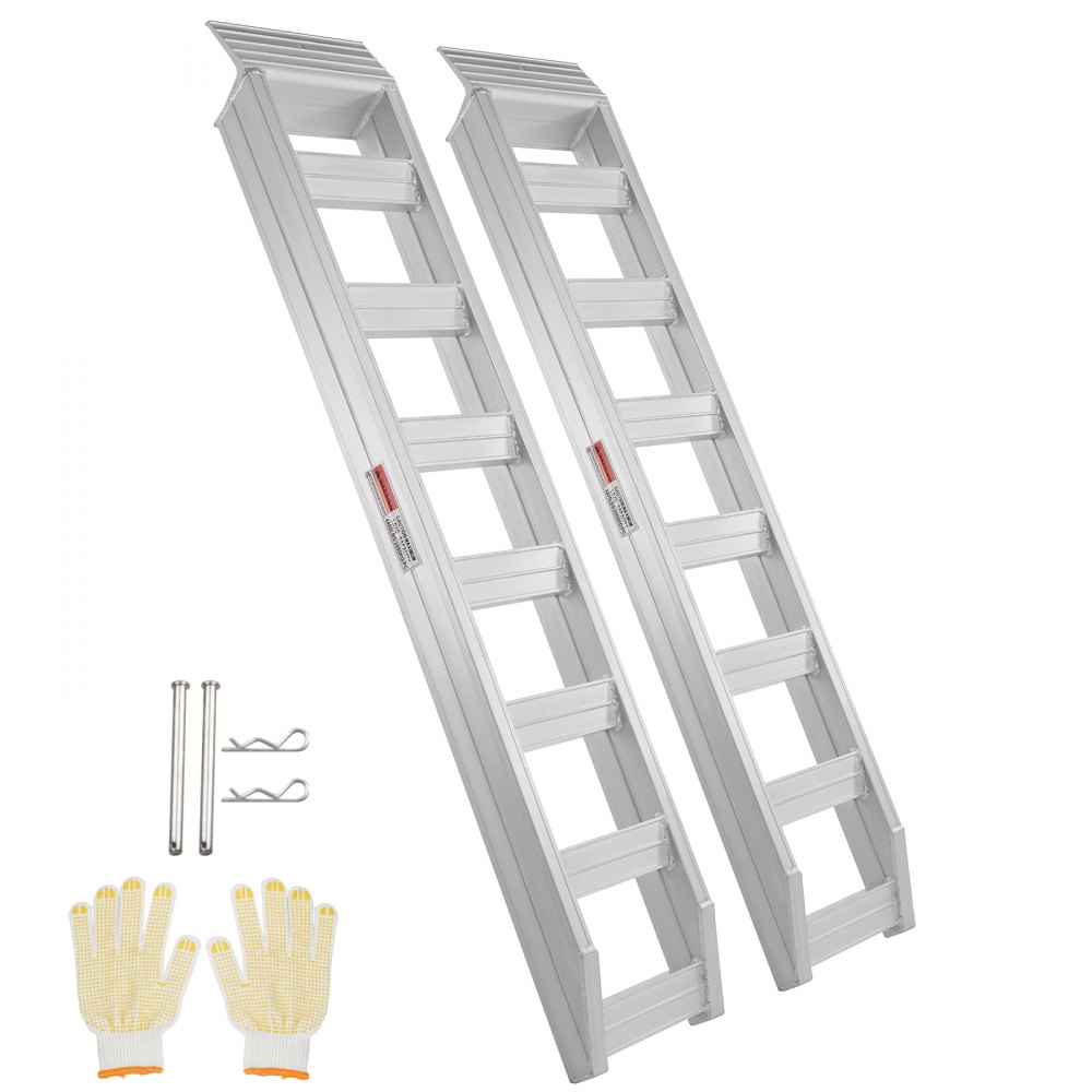 VEVOR aluminum ramps set with safety gloves, pins, and clips. durable and lightweight for heavy loads.