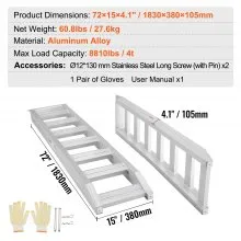 VEVOR Aluminum Ramps, 8810 lbs, Heavy-duty Ramps with Top Hook Attaching End, Universal Loading Ramp for Motorcycle, Tractor, ATV/UTV, Trucks, Lawn Mower, 72"L x 15"W, 2Pcs