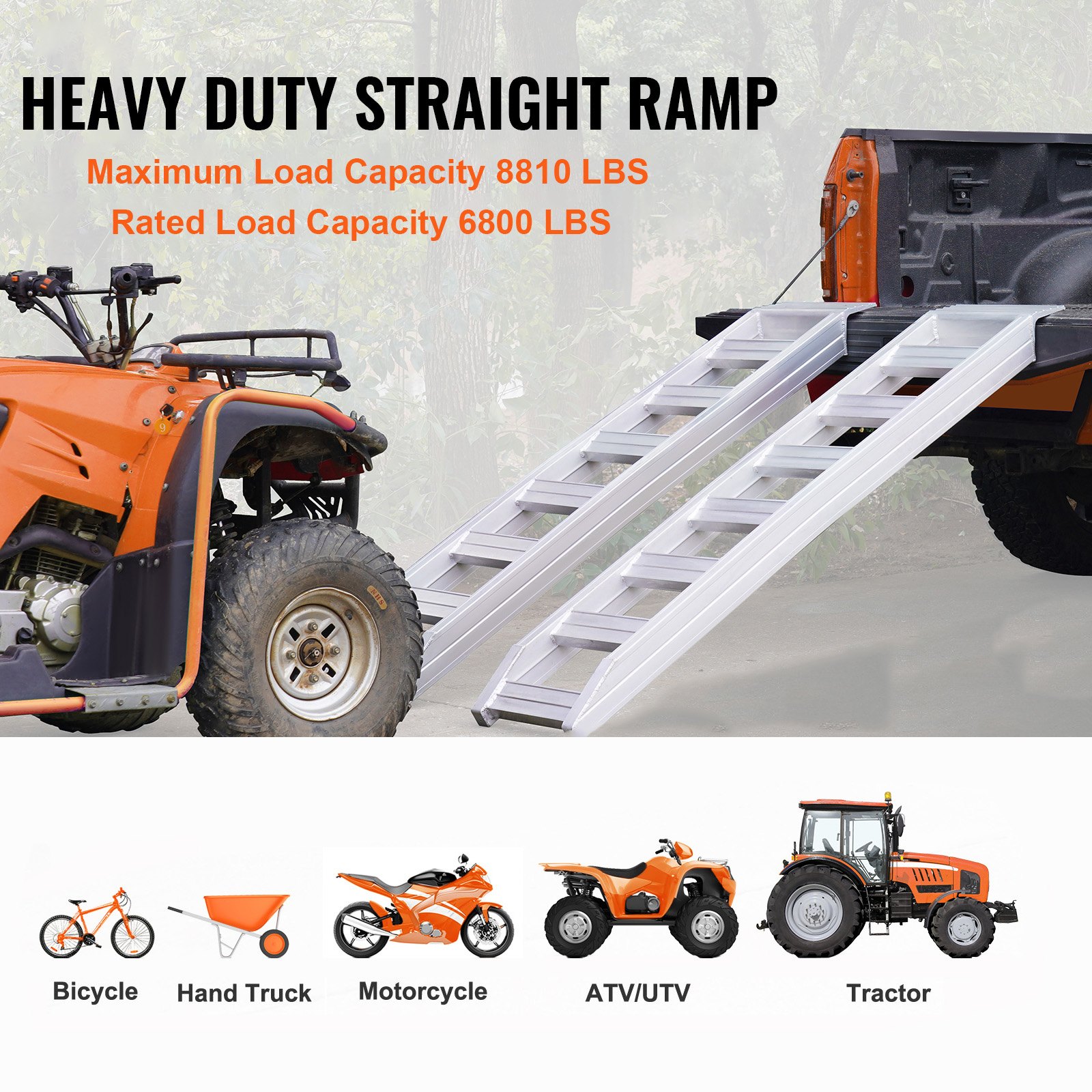 VEVOR Aluminum Ramps, 6800 lbs, Heavy-duty Ramps with Top Hook Attaching End, Universal Loading Ramp for Motorcycle, Tractor, ATV/UTV, Trucks, Lawn Mower, 72"L x 15"W, 2Pcs