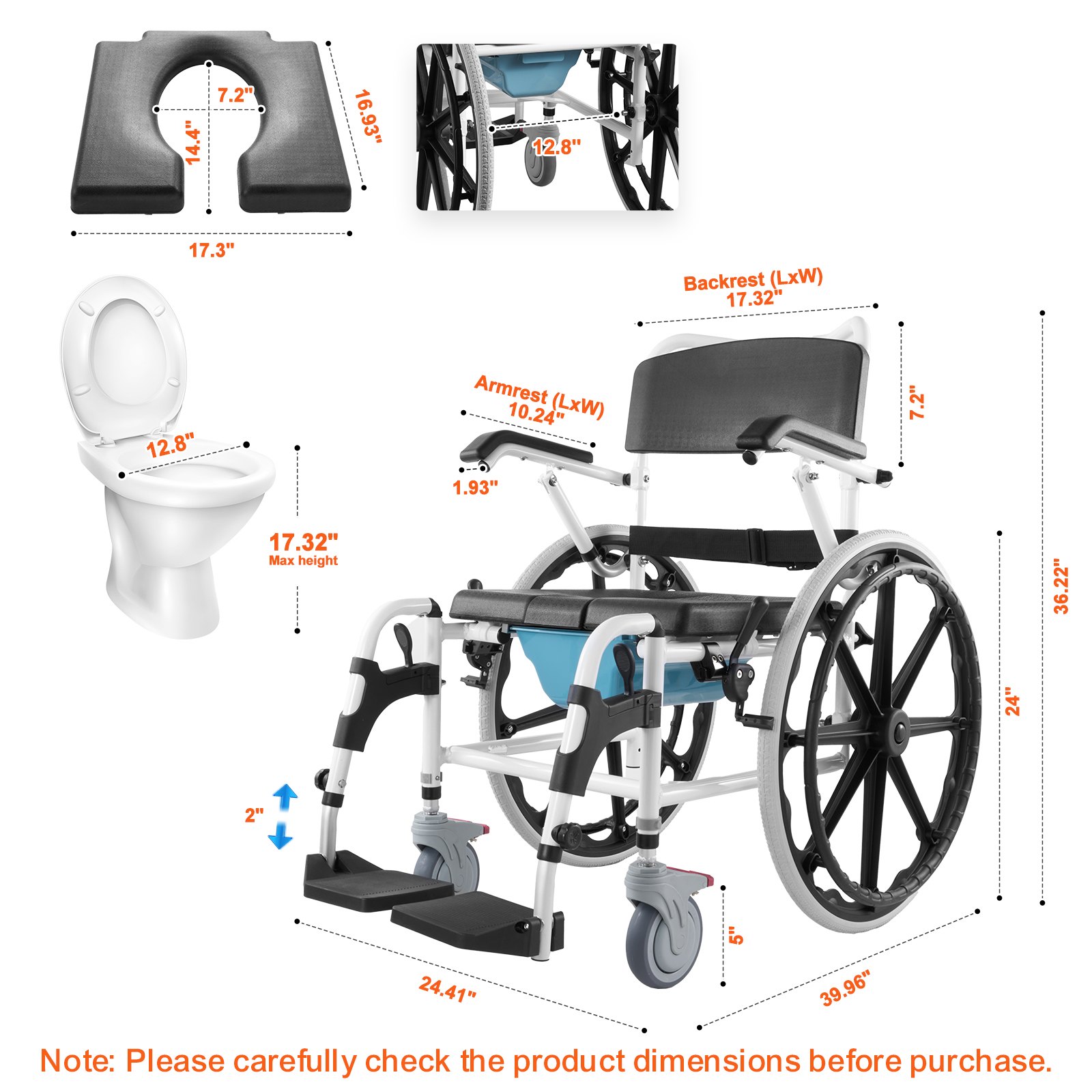 VEVOR Shower Wheelchair 17.5in/44.5 cm Al Alloy Commode Bathroom Wheelchair for Disabled