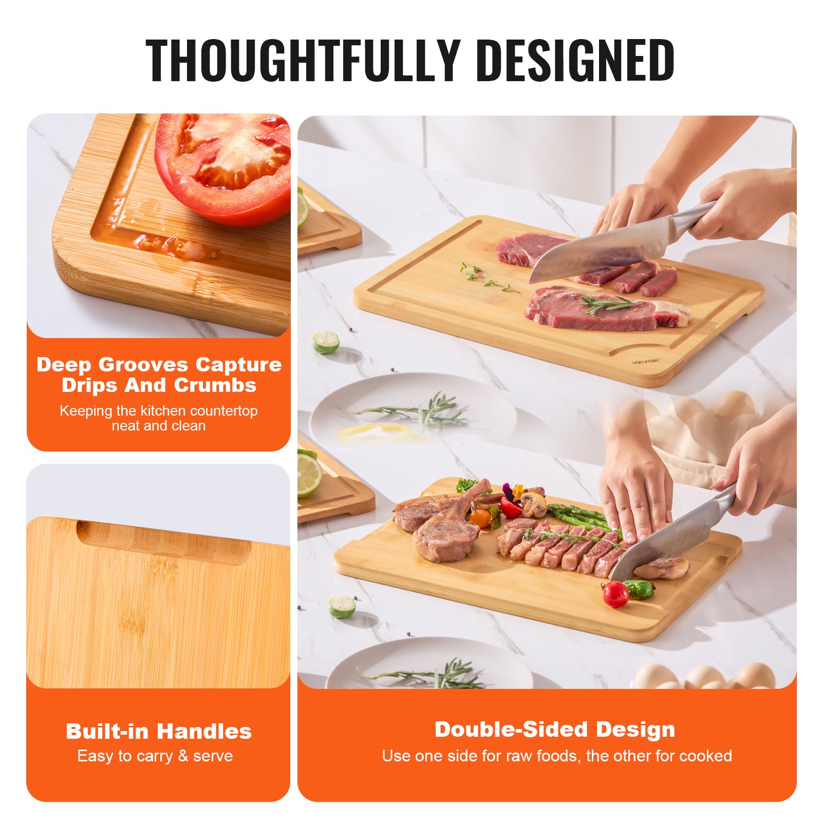 VEVOR Cutting Board, 3 Pieces, Premium Versatile Bamboo Cutting Board with Food-Grade Oil and Juice Groove,Sturdy & Durable Chopping Board with Built-in Handle, Fit for Display, Chopping & Serving