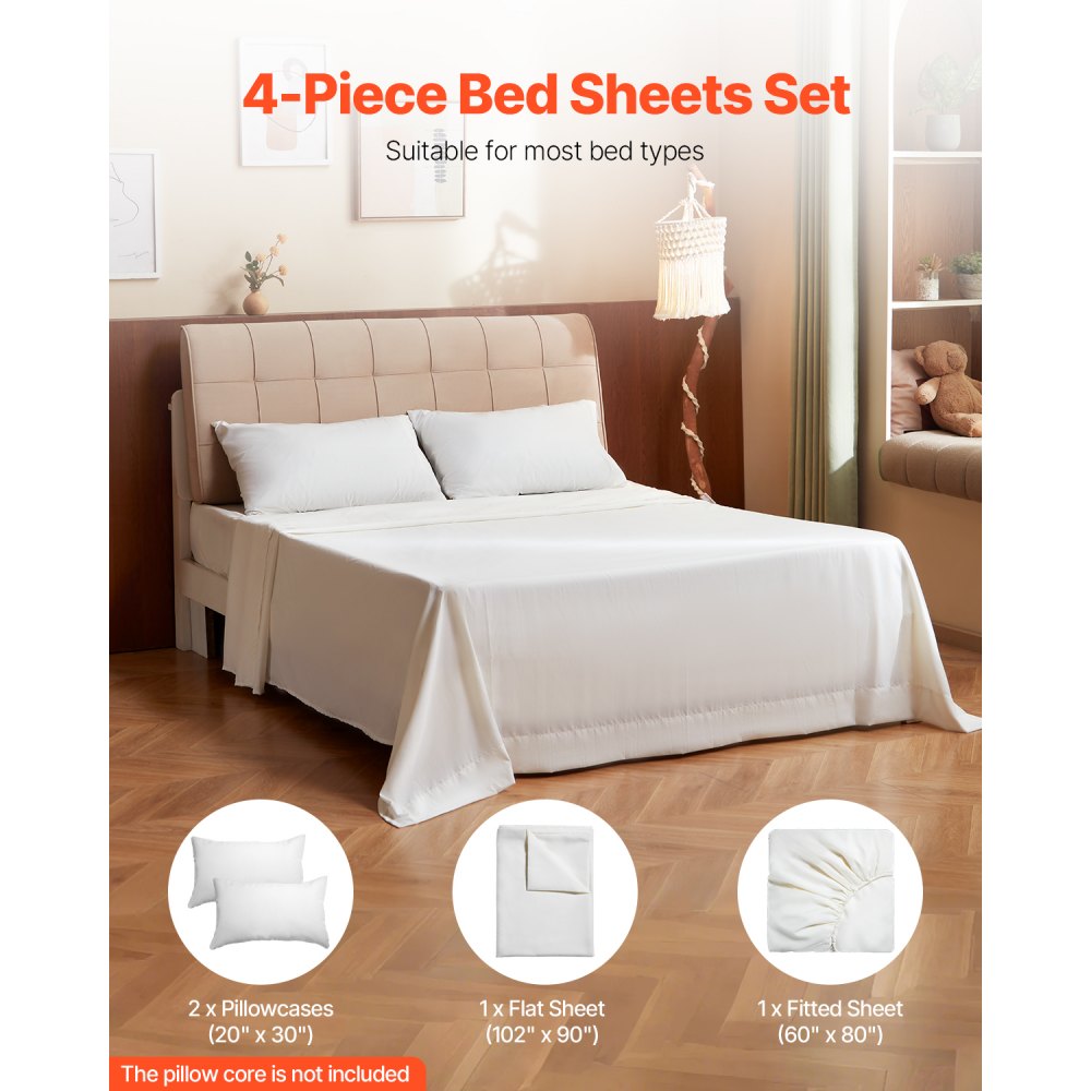 VEVOR 4-Piece Bed Sheet Set - Queen Size, 100% Bamboo Fiber Bedding Set, Cooling, Breathable & Shrink-Resistant Luxury Bed Sheet with Deep Pocket, Fit up to 16" Deep Mattress, Ideal for Hotel Bedroom