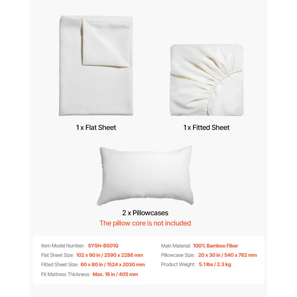 VEVOR 4-Piece Bed Sheet Set - Queen Size, 100% Bamboo Fiber Bedding Set, Cooling, Breathable & Shrink-Resistant Luxury Bed Sheet with Deep Pocket, Fit up to 16" Deep Mattress, Ideal for Hotel Bedroom